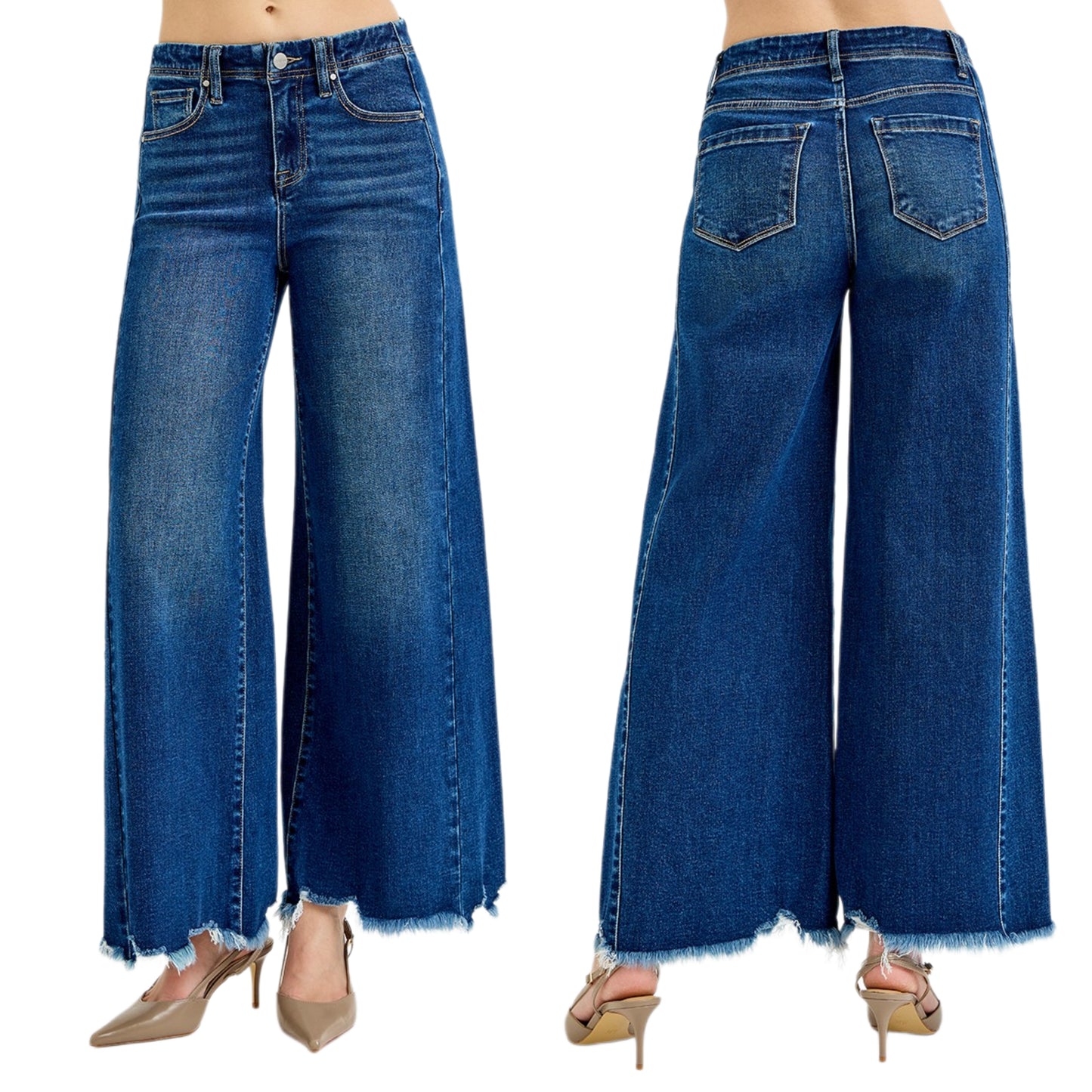 Risen High Rise Ultra Wide Leg Ankle Jeans Raw Frayed Hem Denim Relaxed Fit Pants