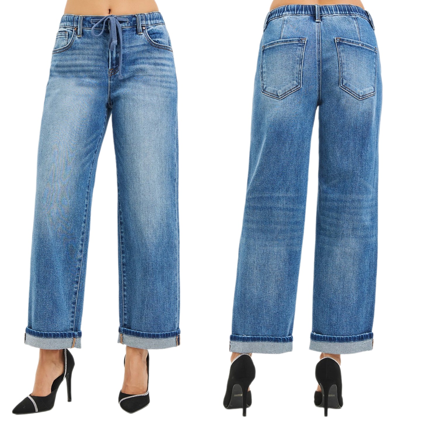 Risen High-Rise Drawstring Elastic Waist Slouchy Boyfriend Denim Cuffed Ankle Jeans