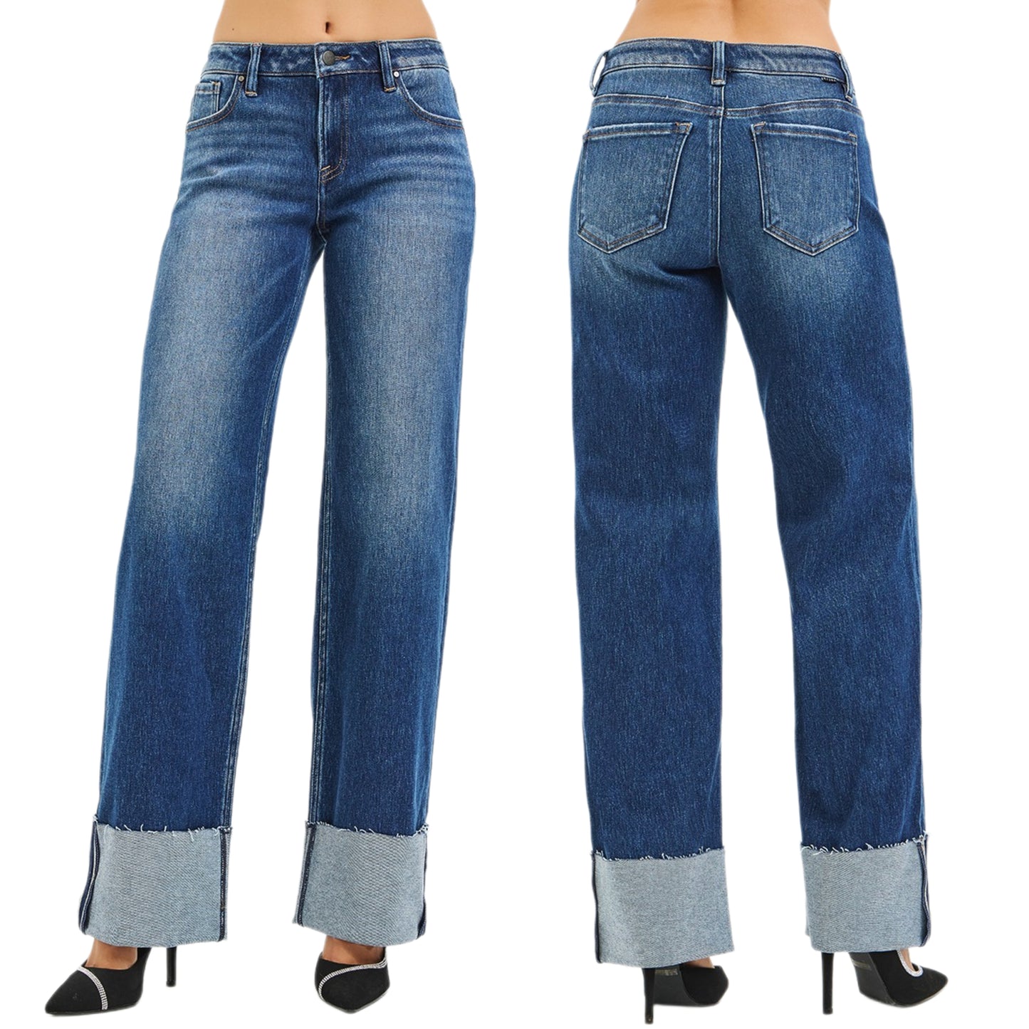 Risen Mid Rise Baggy Straight Leg Jeans Relaxed Wide Cuff Raw Hem Denim Pants