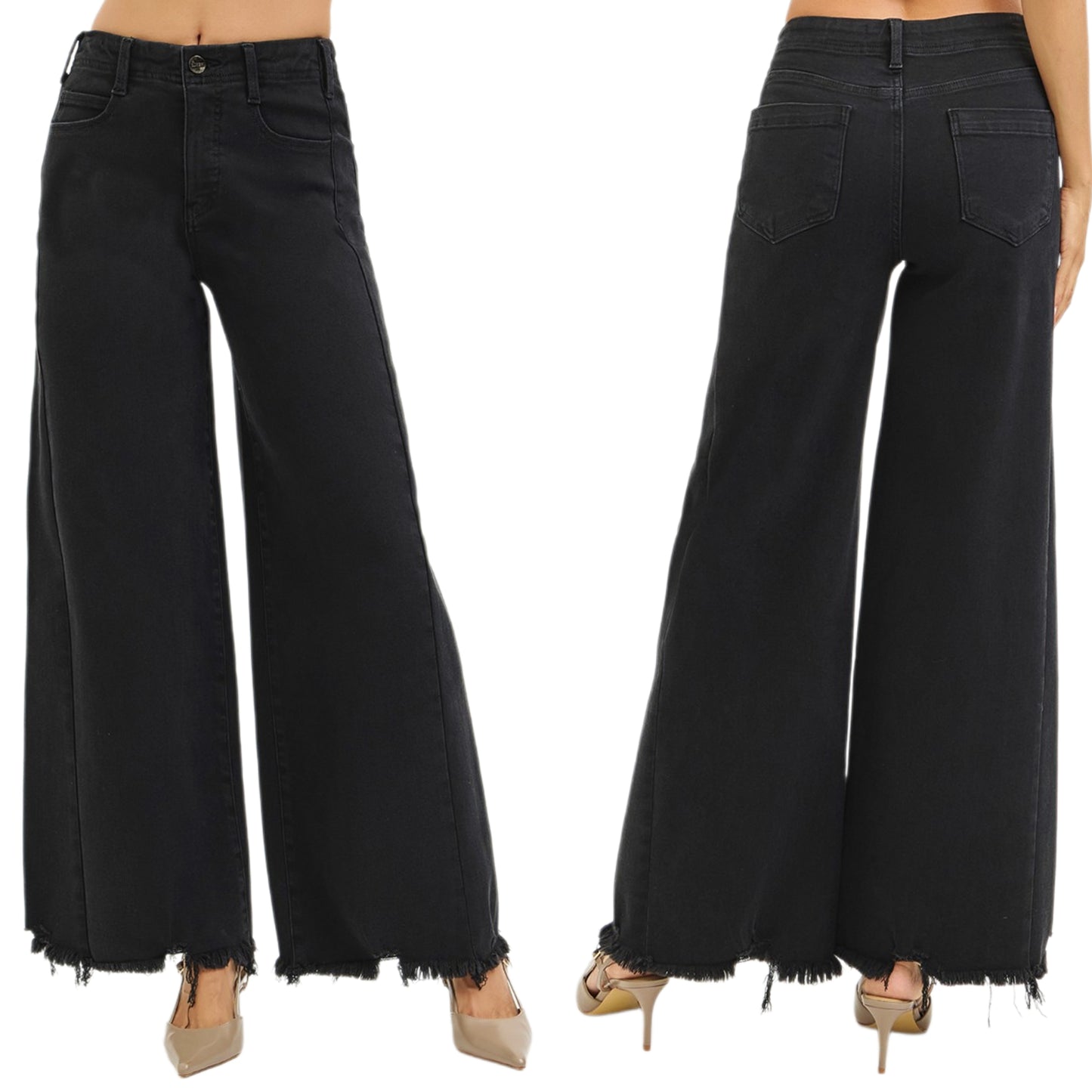 Risen Tummy Control High-Rise Palazzo Wide Leg Jeans Frayed Hem Denim Pants
