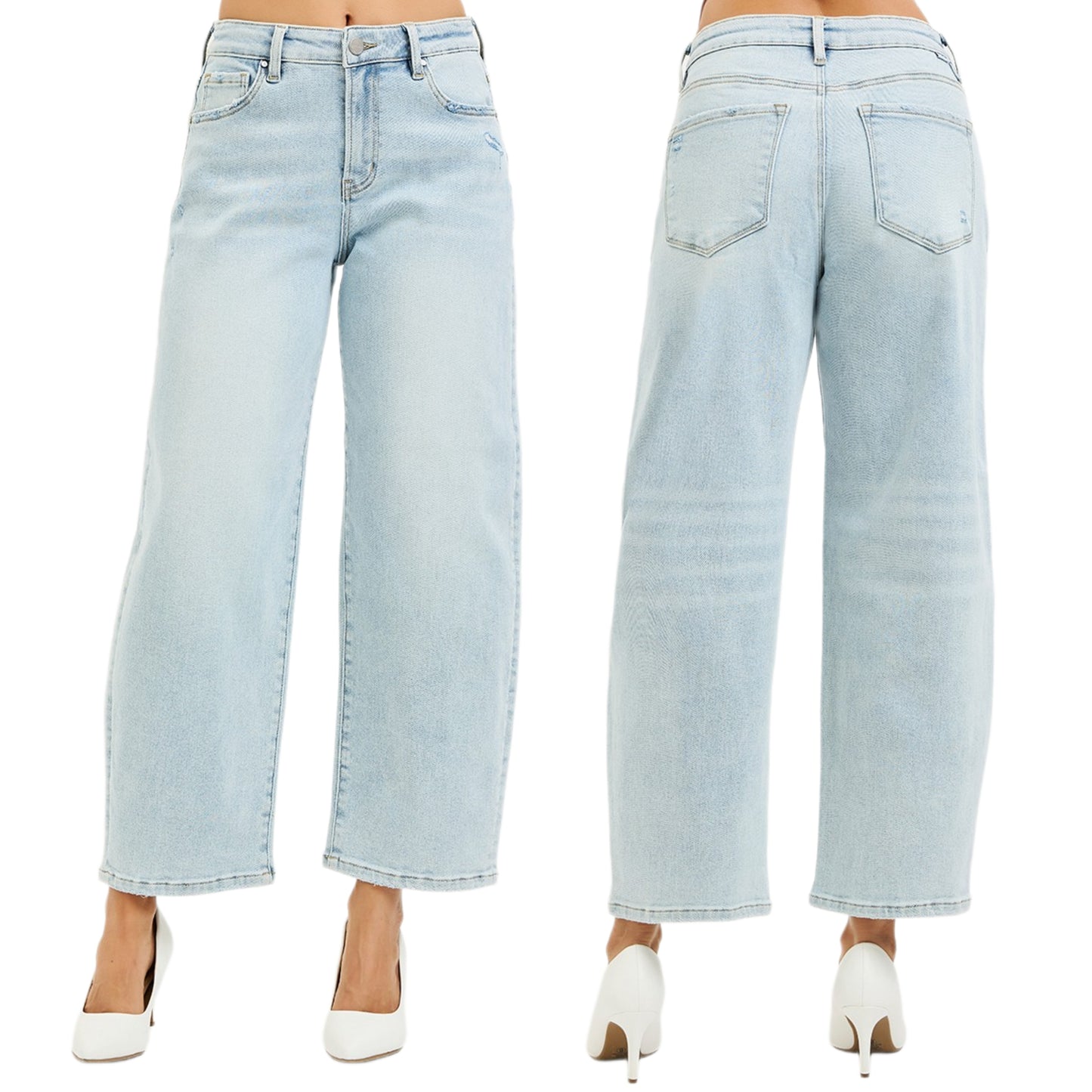 Risen High Rise Waist Baggy Cropped Barrel Leg Jeans Relaxed Fit Denim Pants Light Blue