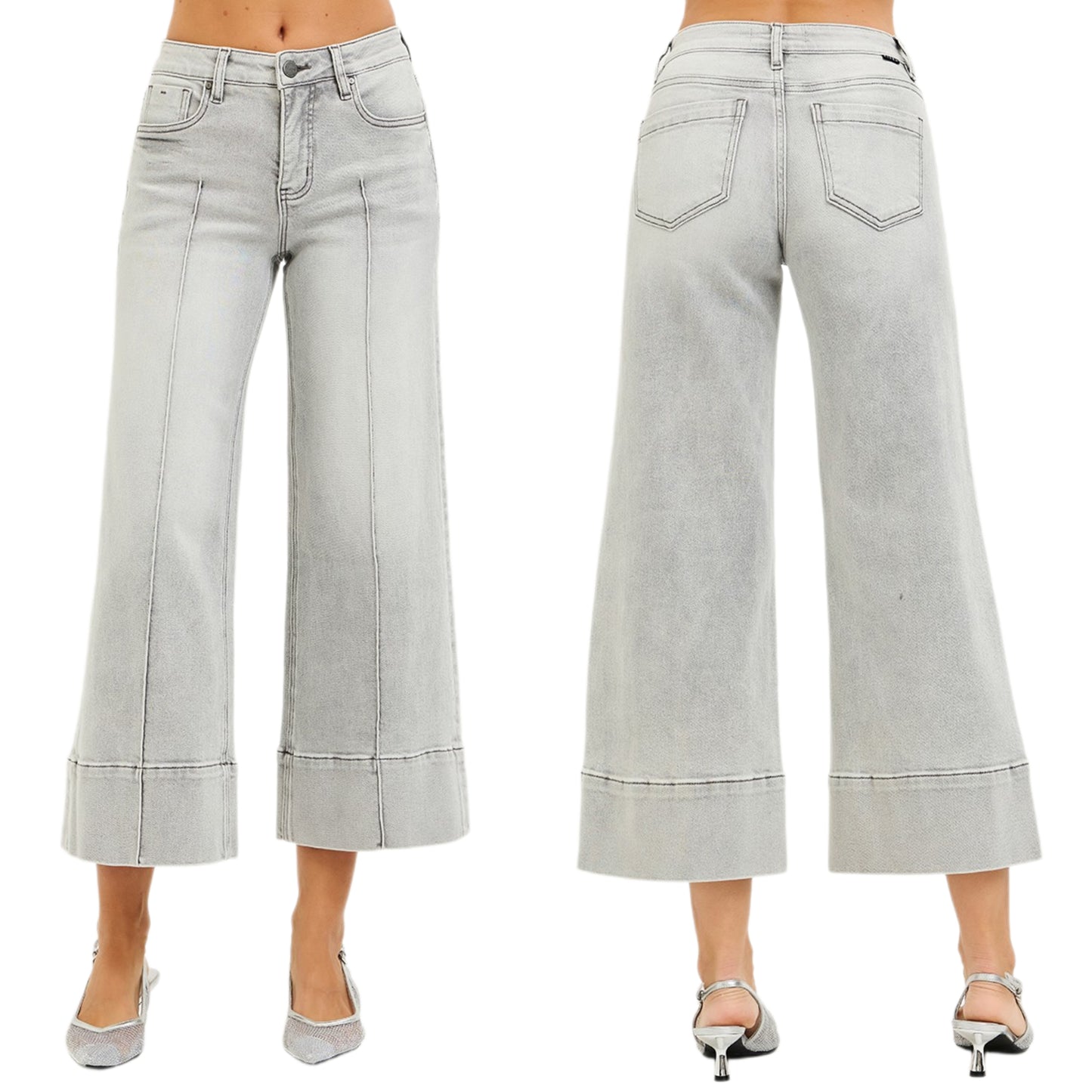 Risen Tummy Control Mid Rise Slim Fit Crop Wide Leg Jeans Pintuck Seam Denim Pants Light Gray