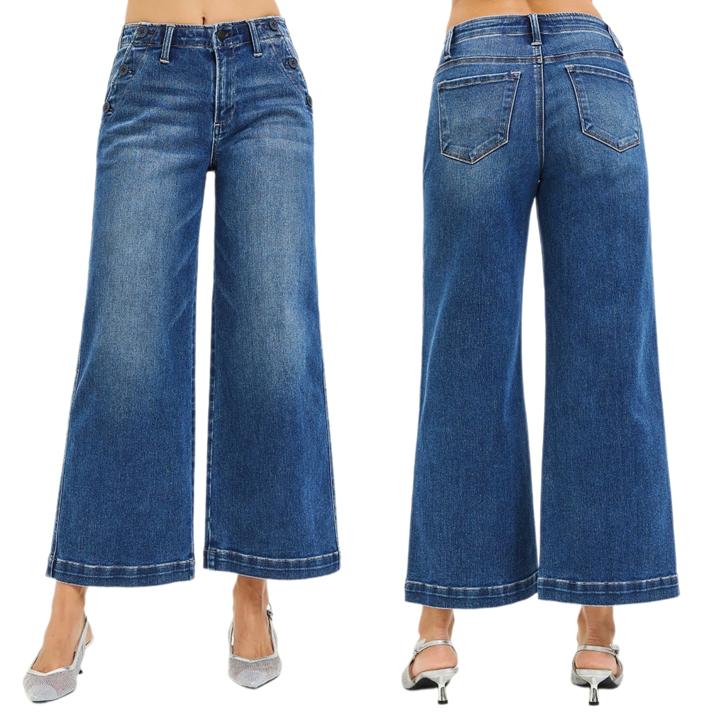 Risen High Rise Wide Leg Jeans Button Slit Pockets Denim Pants Ankle Crop Jeans