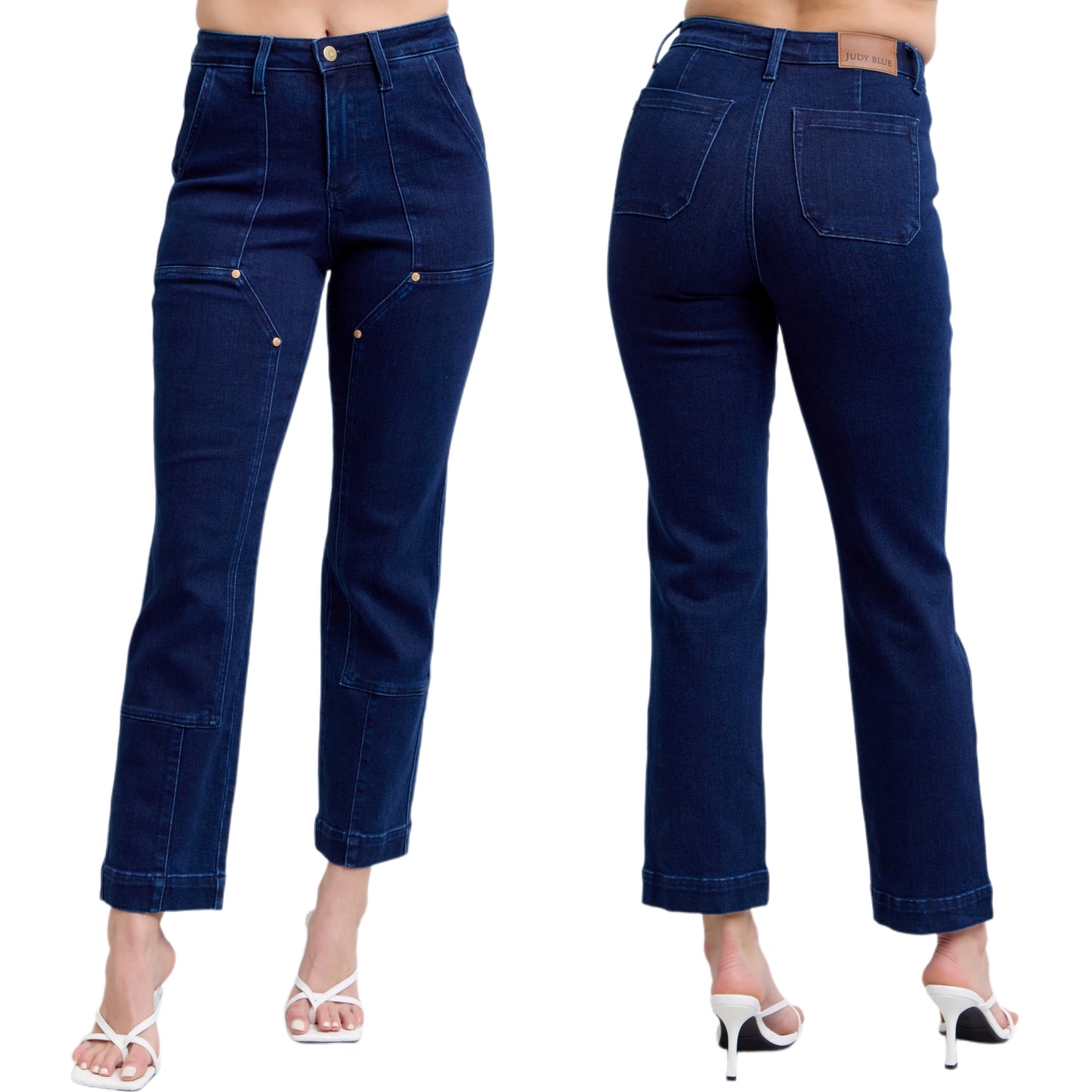 Judy Blue High Rise Studded Equestrian Patchwork Straight Leg Jeans Slim Fit Denim Ankle Legth Pants