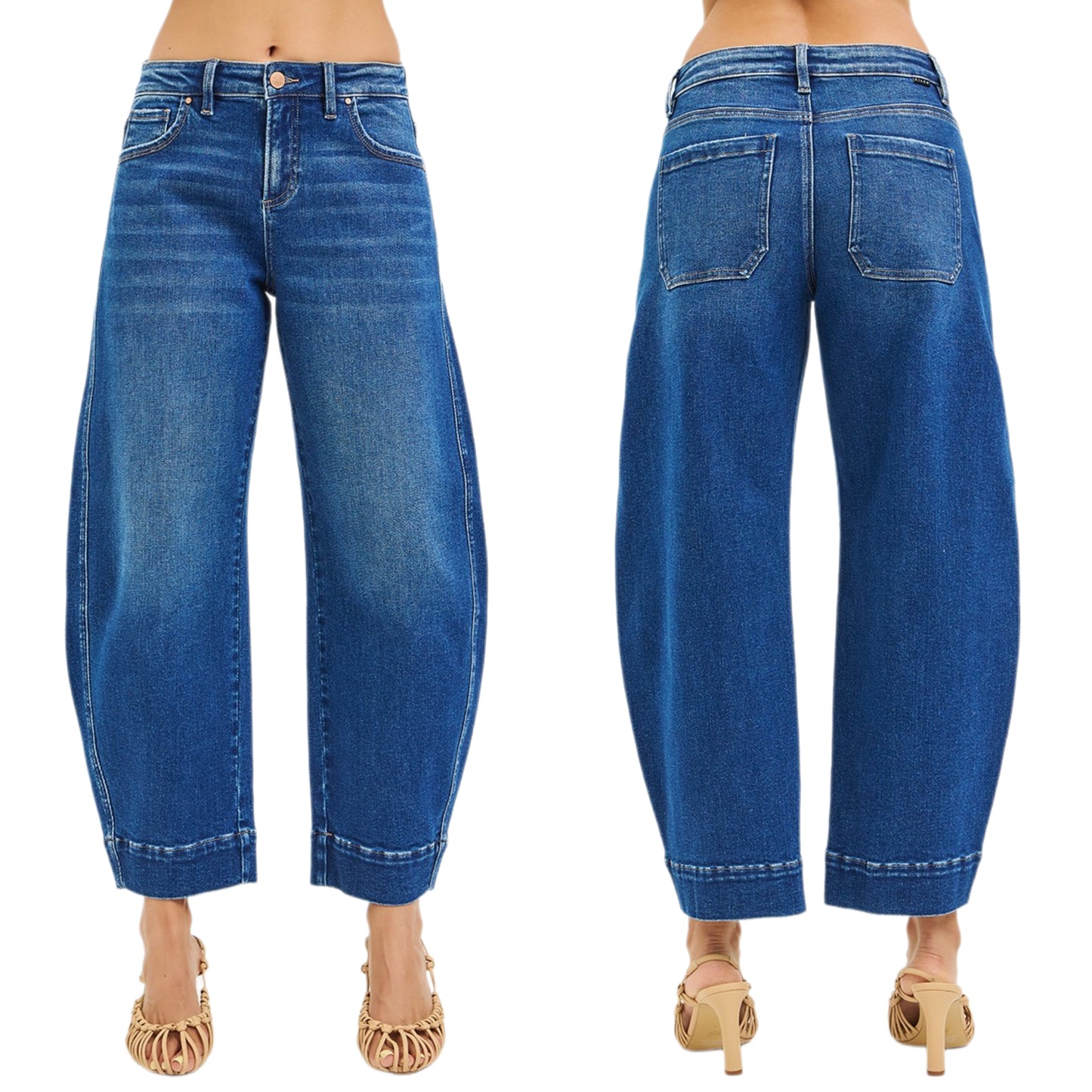 Risen Mid-Rise Relaxed Fit Barrel Leg Cropped Ankle Jeans Horseshoe Denim Pants