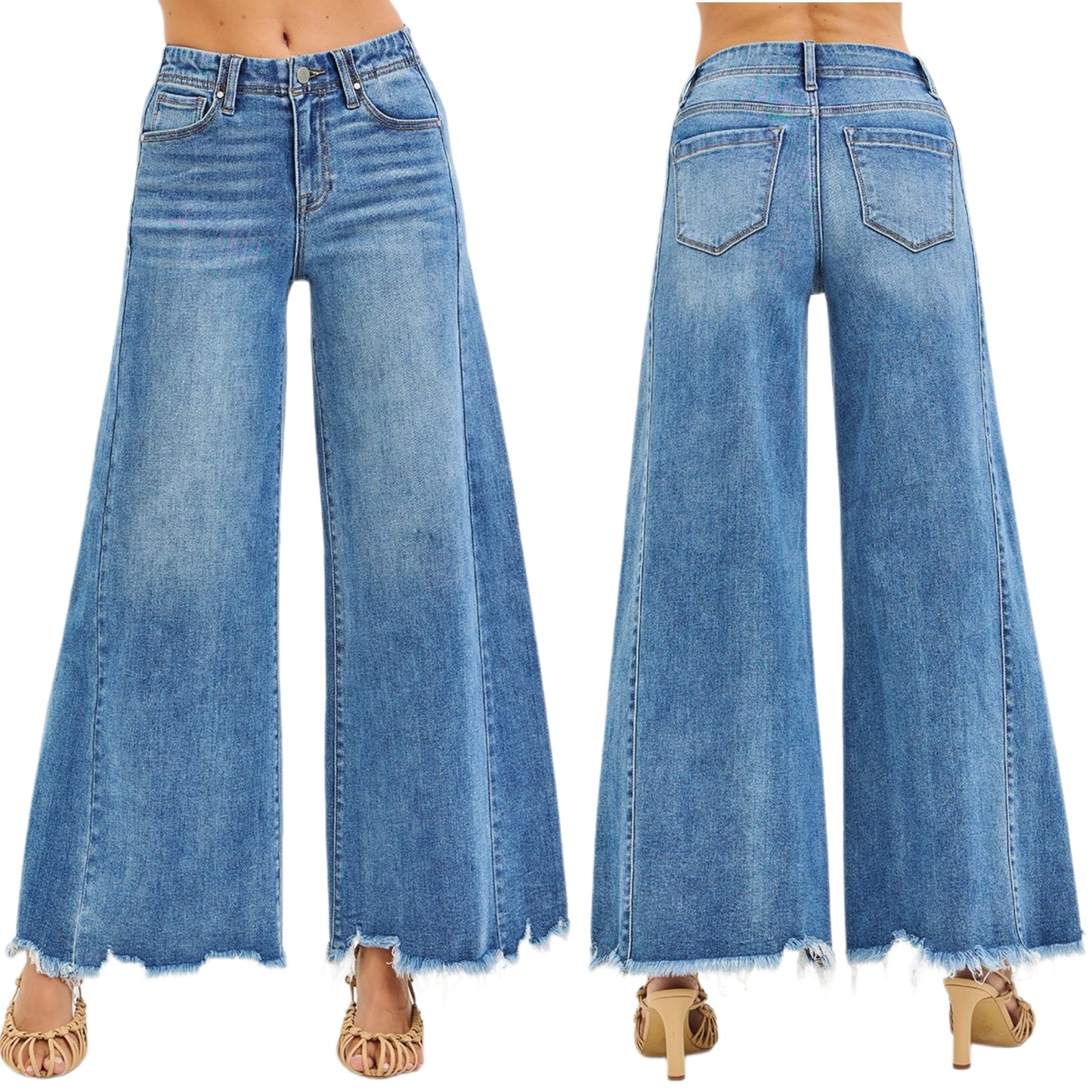 Risen High Rise Slim Fit Ultra Wide Leg Jeans Retro Frayed Raw Hem Denim Pants