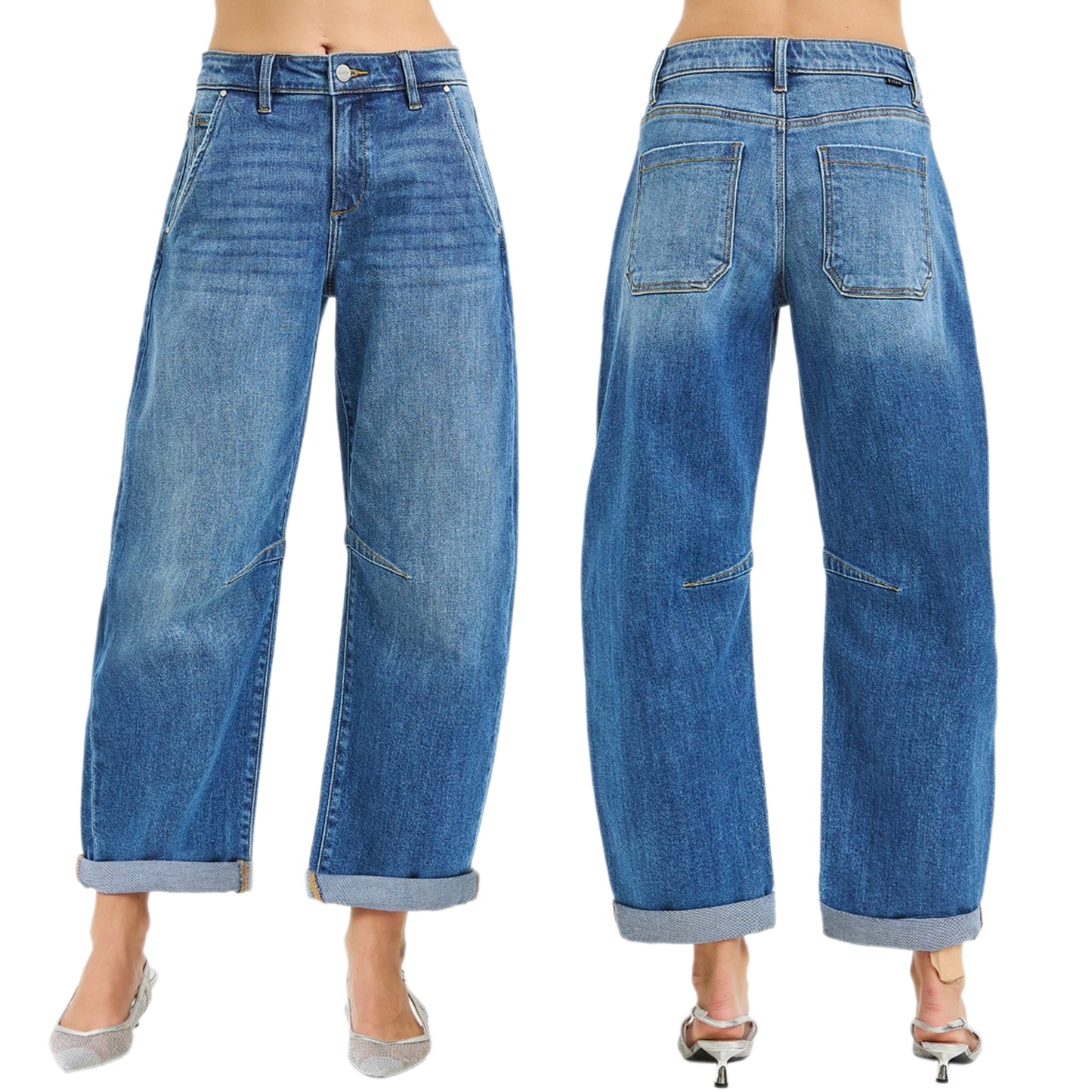 Risen Baggy High-Rise Barrel Horseshoe Jeans Cropped Rolled Cuffed Denim Pants