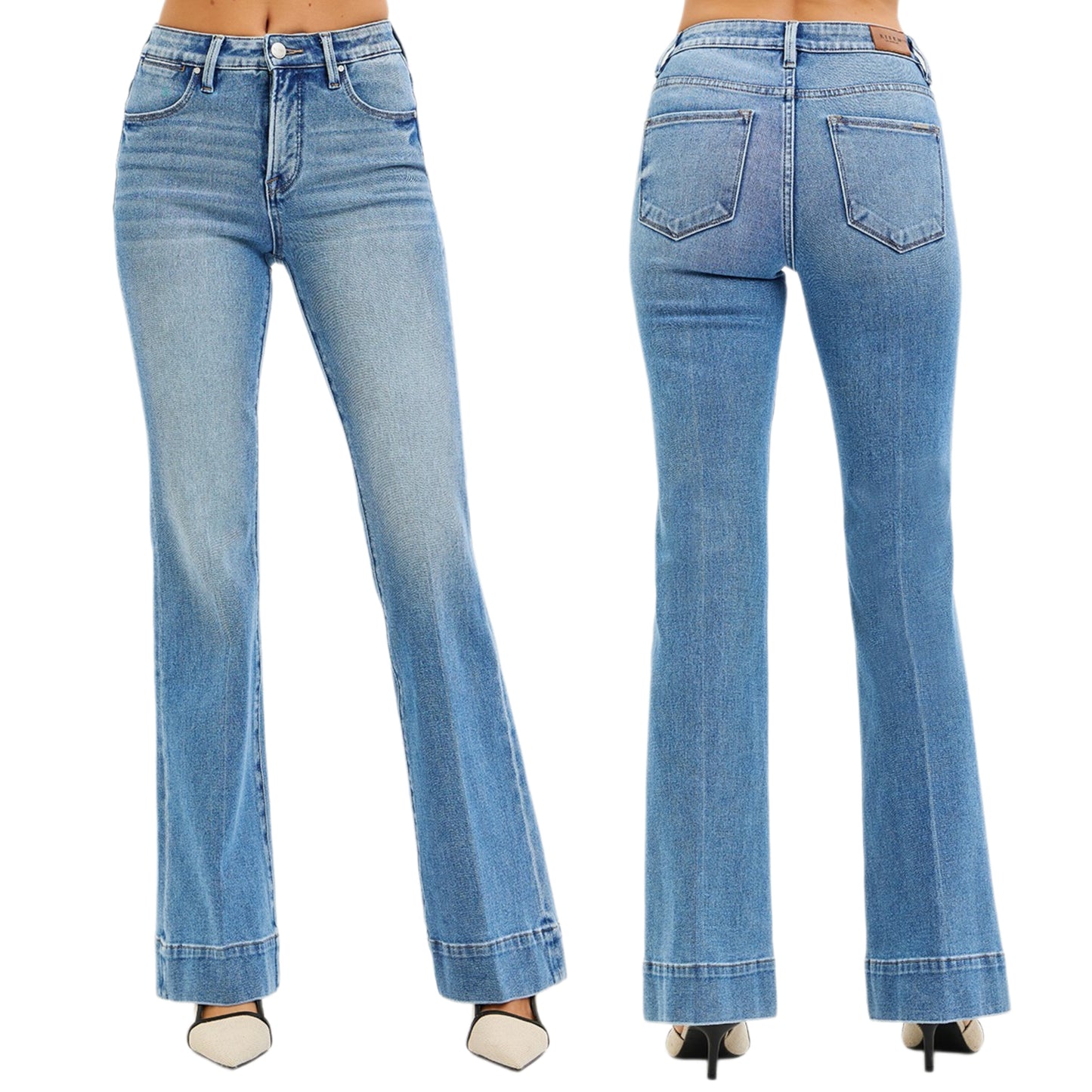 Risen Mid-Rise Tummy Control Slim Fit Retro 70s Flare Leg Jeans Denim Pants