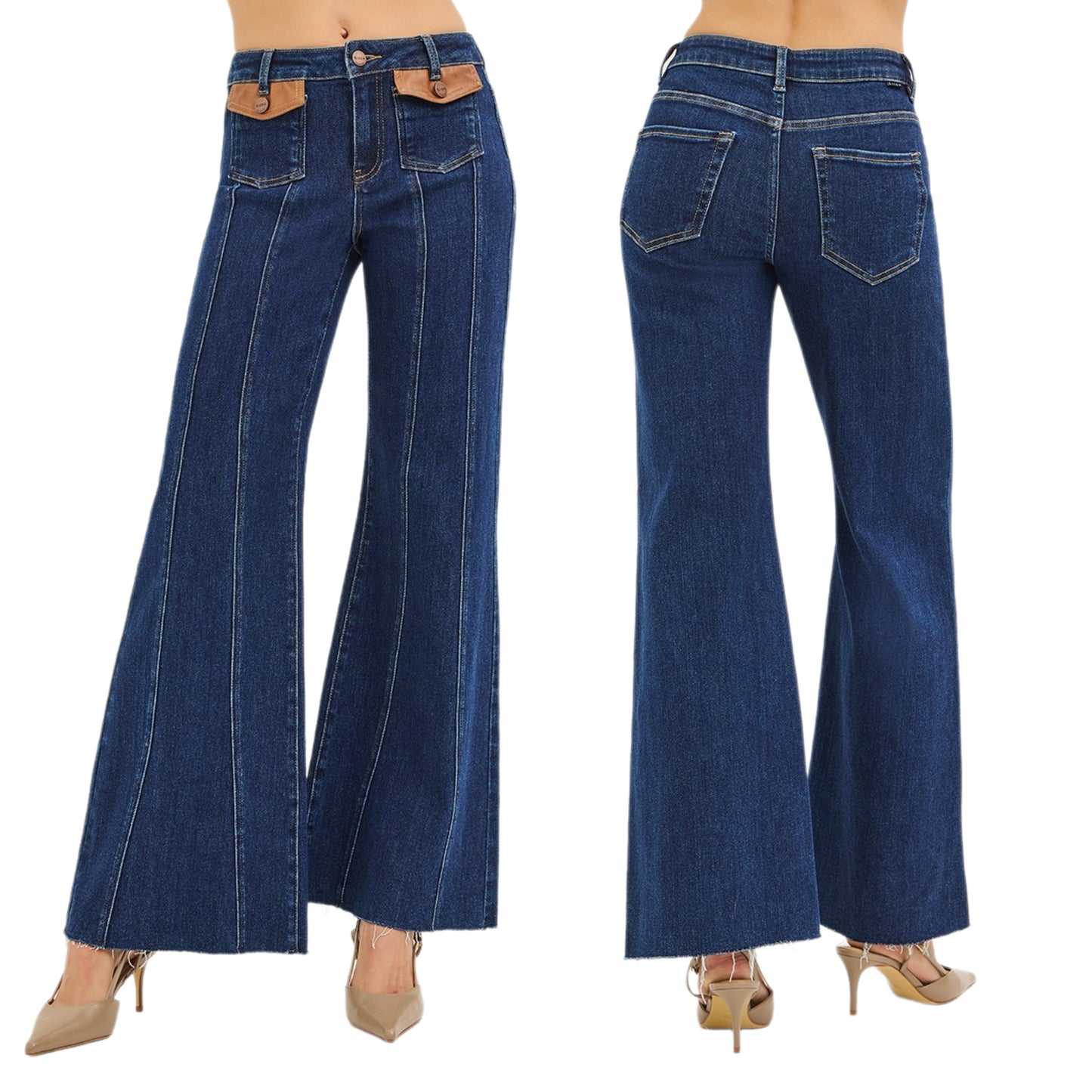 Risen High-Rise Wide Flare Jeans Pintuck Seams Faux Leather Patch Pocket Denim Pants