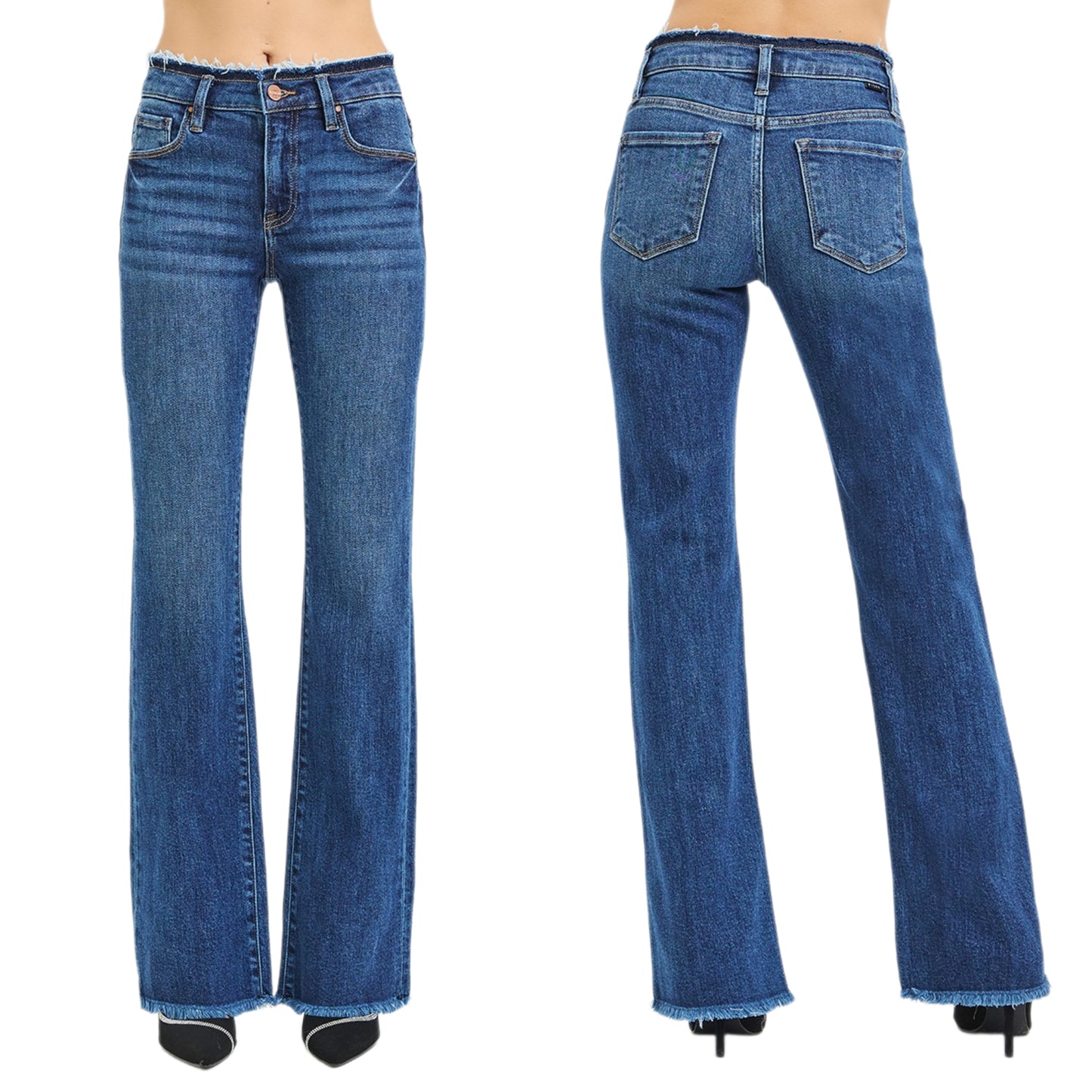 Risen Mid-Rise Frayed Waistband Slim Fit Retro Bootcut Jeans Raw Hem Denim Pants Plus Size Available