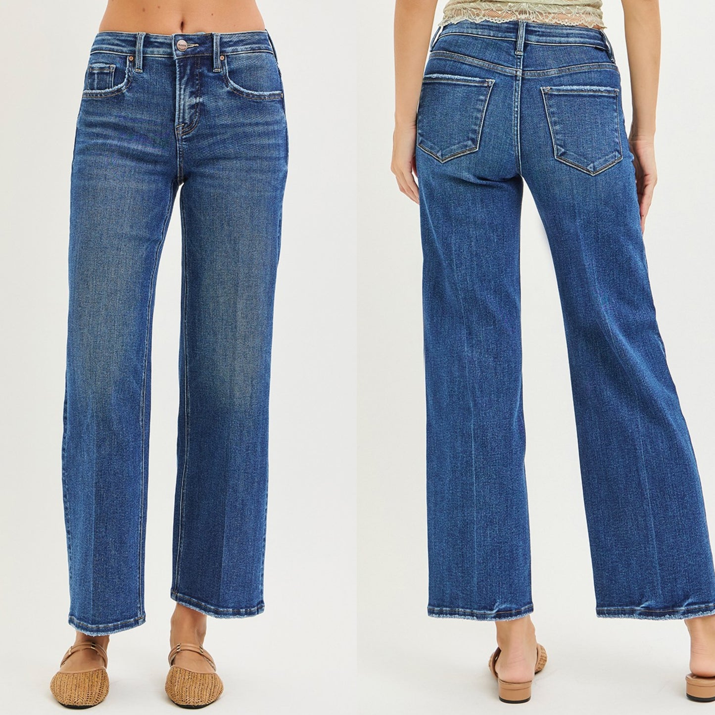 Risen Tummy Control High-Rise Frayed Waistband Straight Leg Crop Jeans Raw Hem