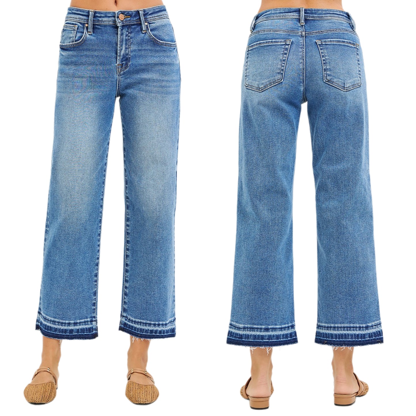 Risen Mid-Rise Frayed Waistband Slim Fit Retro Bootcut Jeans Raw Hem Denim Pants