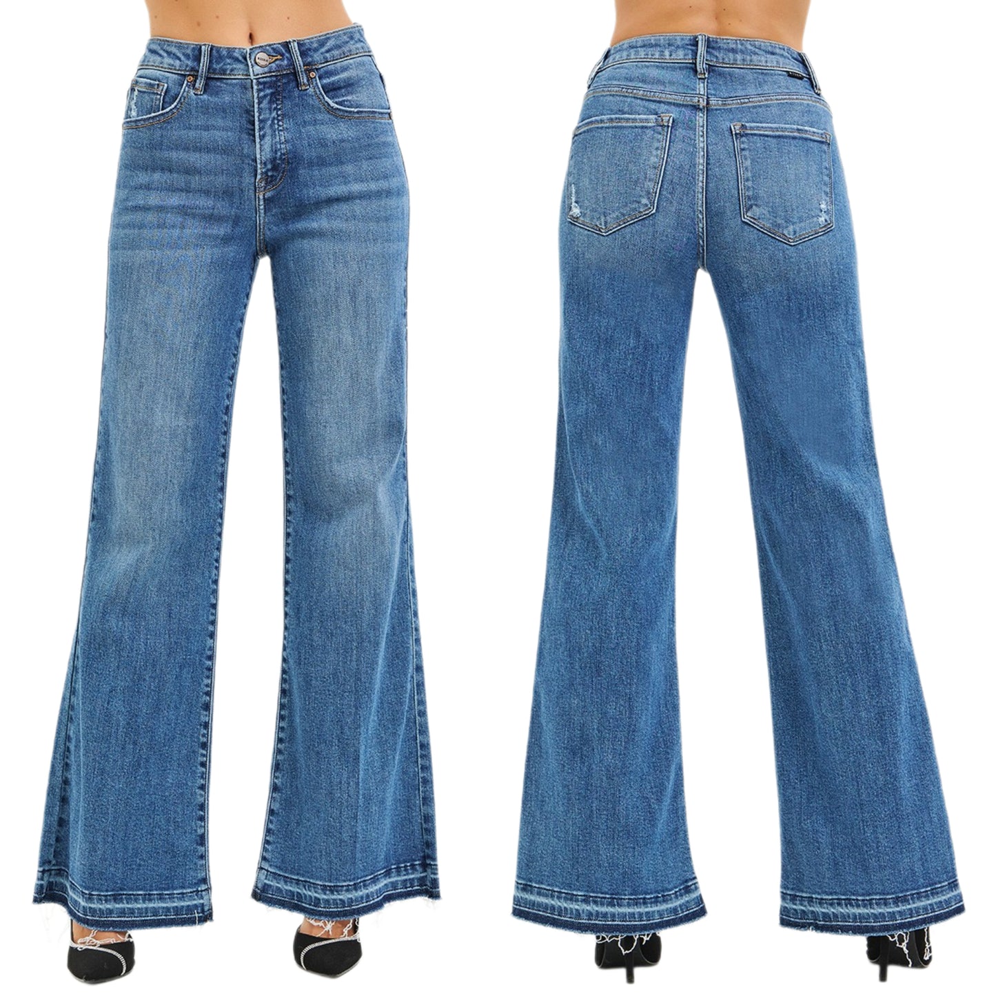 Risen High-Rise Waist Slim Fit Wide Leg Jeans Released Raw Hem Denim Pants