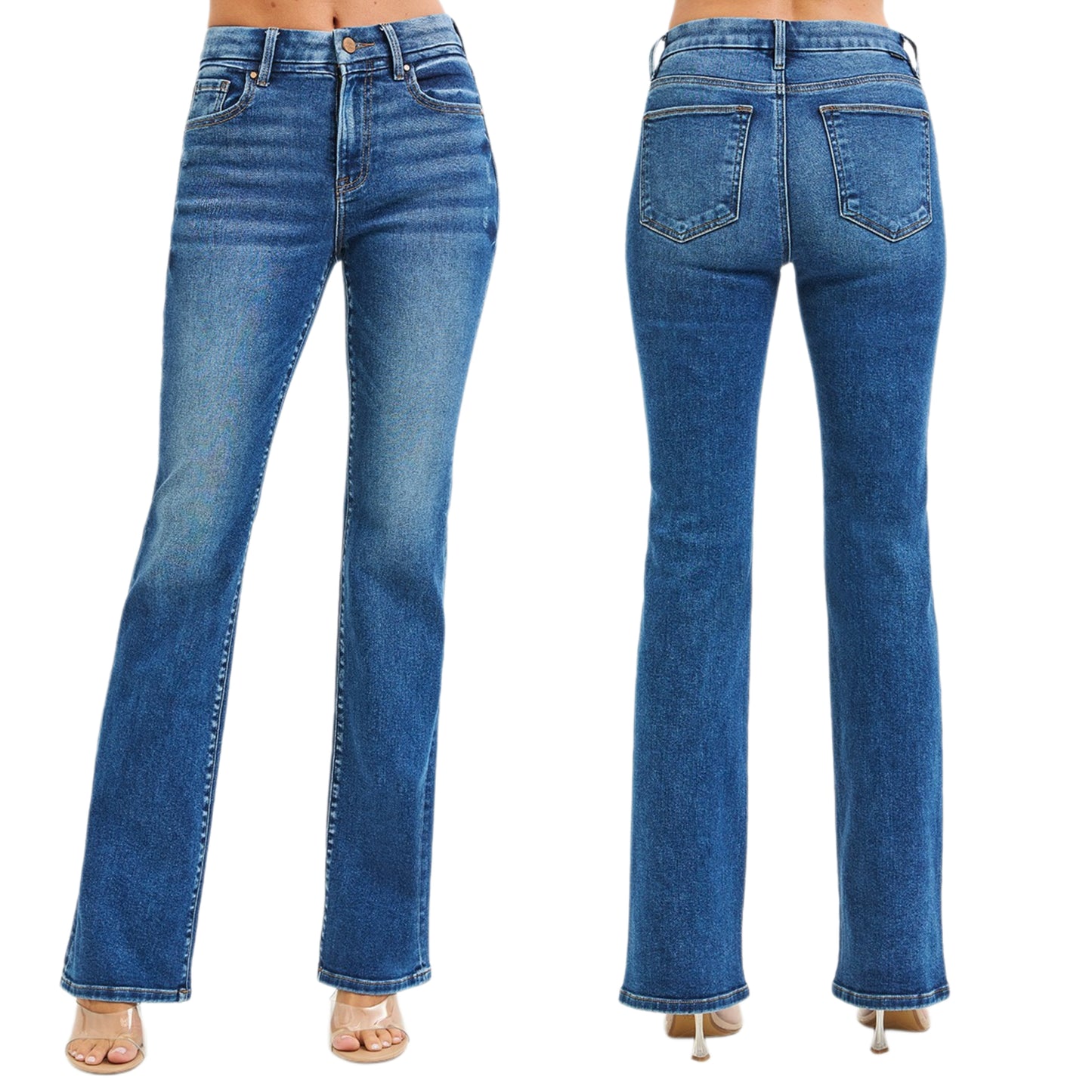 Risen High-Rise Waist Slim Fit Bootcut Leg Jeans Stone Wash Distressed Denim Pants