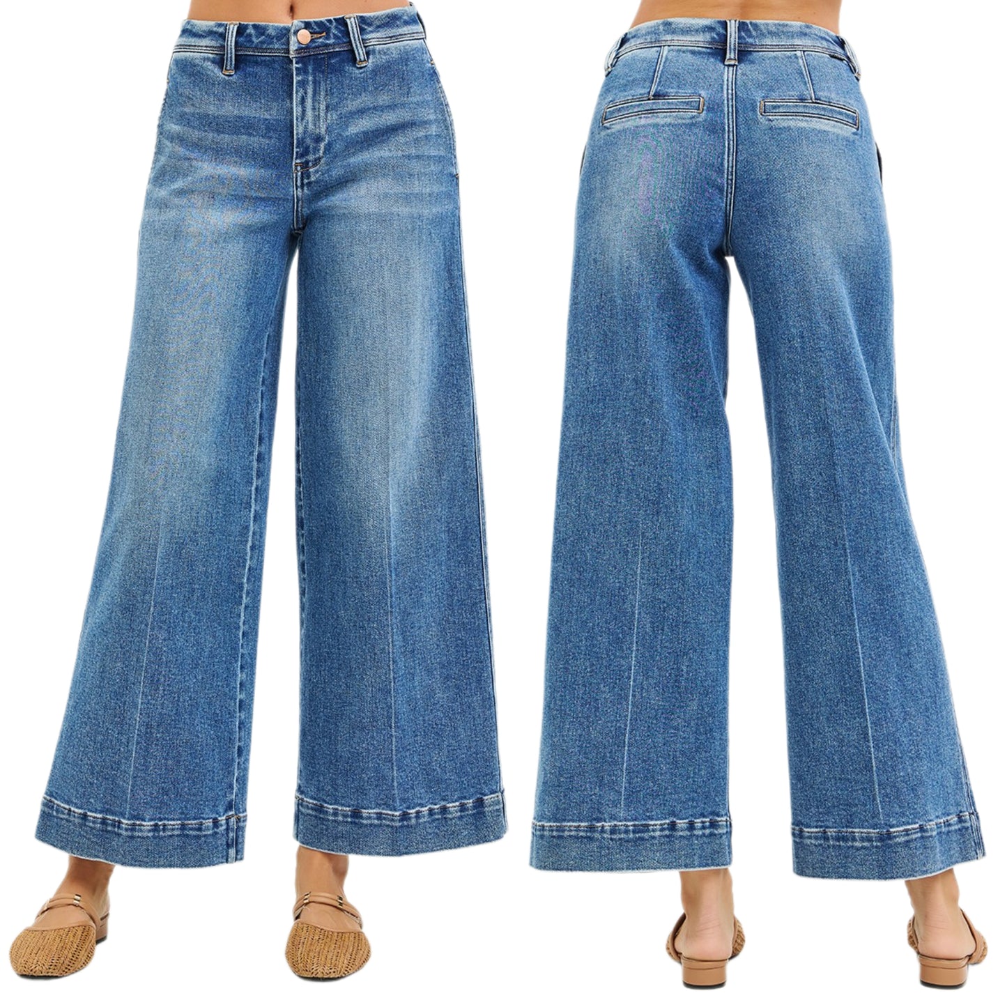 Risen High Rise Boyfriend Slouchy Fit Crop Ankle Baggy Wide Leg Jeans Denim Pants