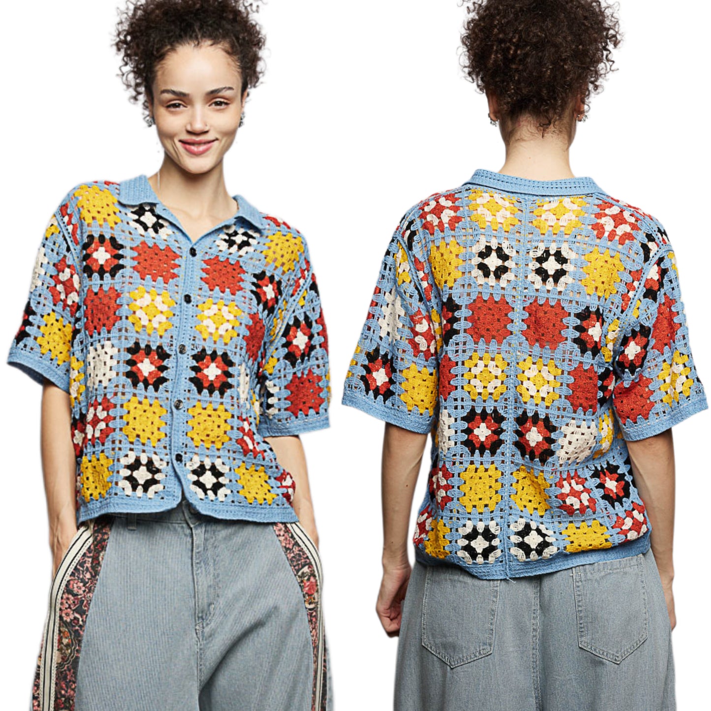 POL Granny Square Retro Openwork Crochet Collared Shirt Button Down Top Blue