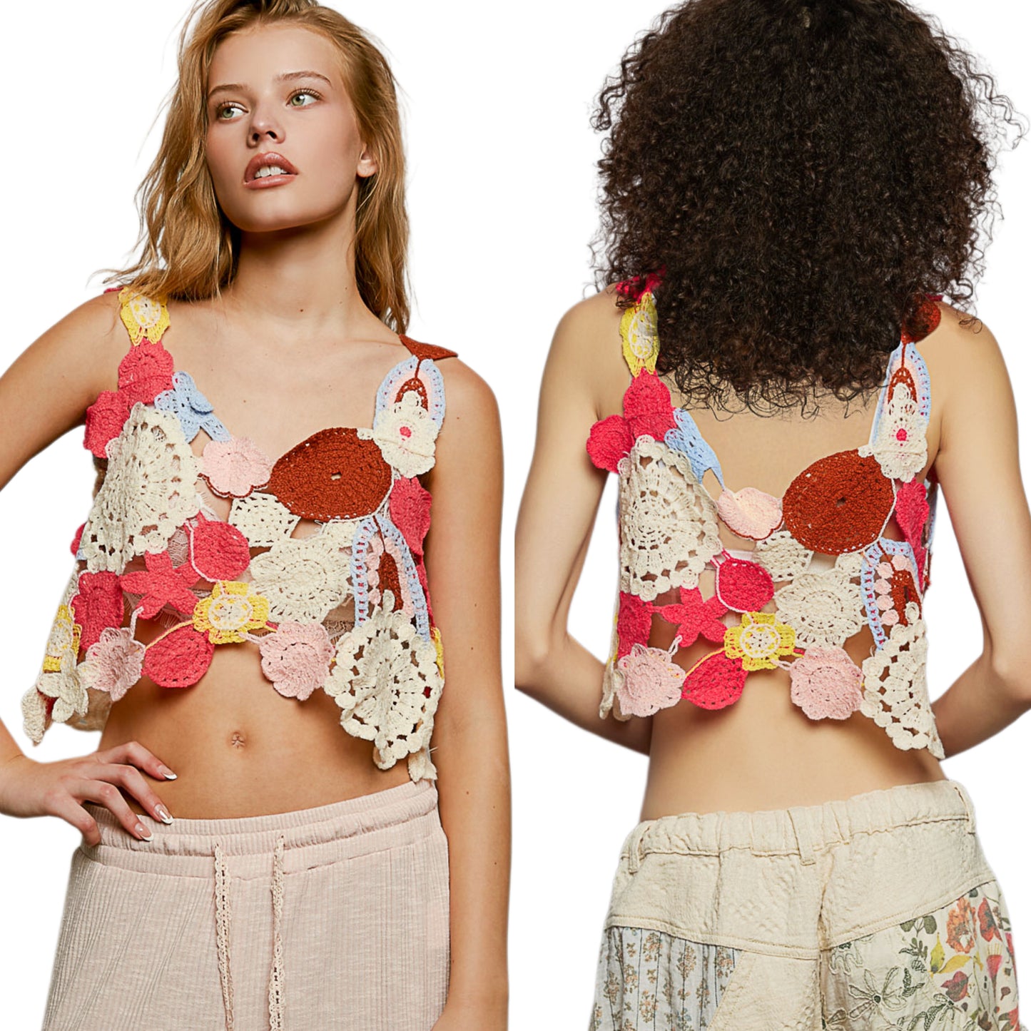 POL Retro Knit Openwork Floral Patchwork Cropped Crochet Cami Sleeveless Shirt Pink
