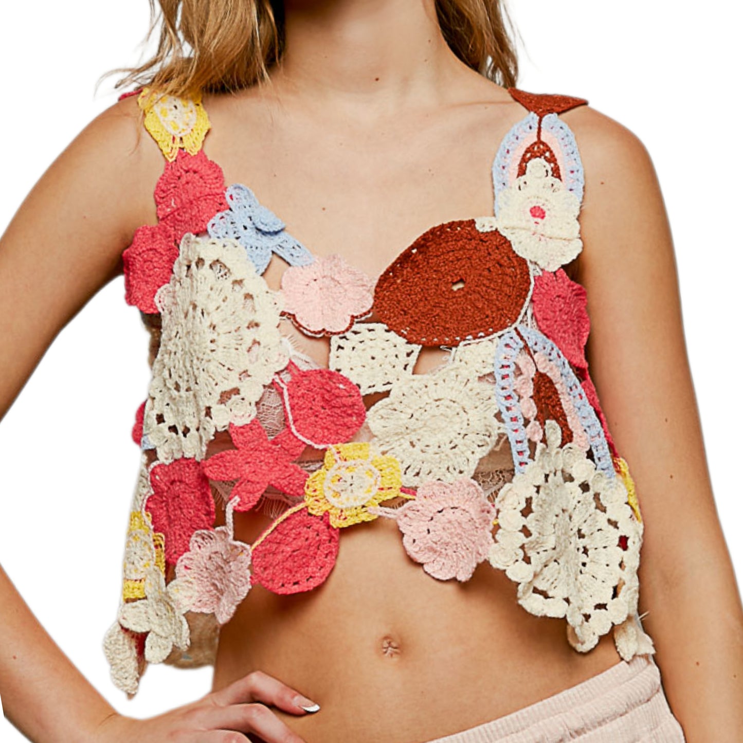 POL Retro Knit Openwork Floral Patchwork Cropped Crochet Cami Sleeveless Shirt Pink