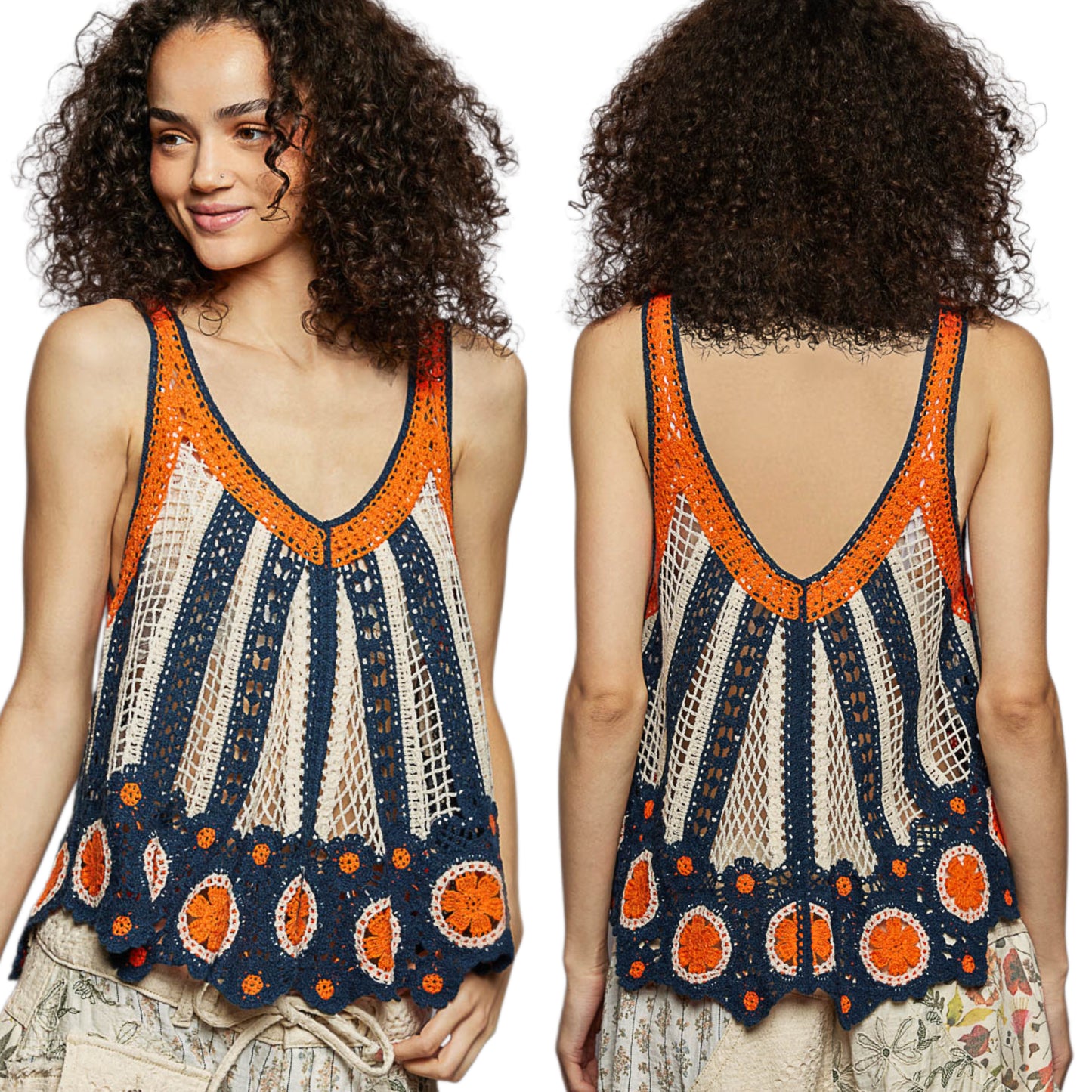 POL Crochet Openwork Knit V-Neck Boho Shirt Sleeveless Tank Top Scalloped Hem Indigo Blue