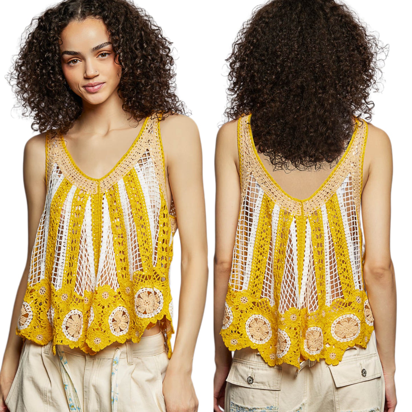 POL Crochet Openwork Knit V-Neck Boho Shirt Sleeveless Tank Top Scalloped Hem Yellow