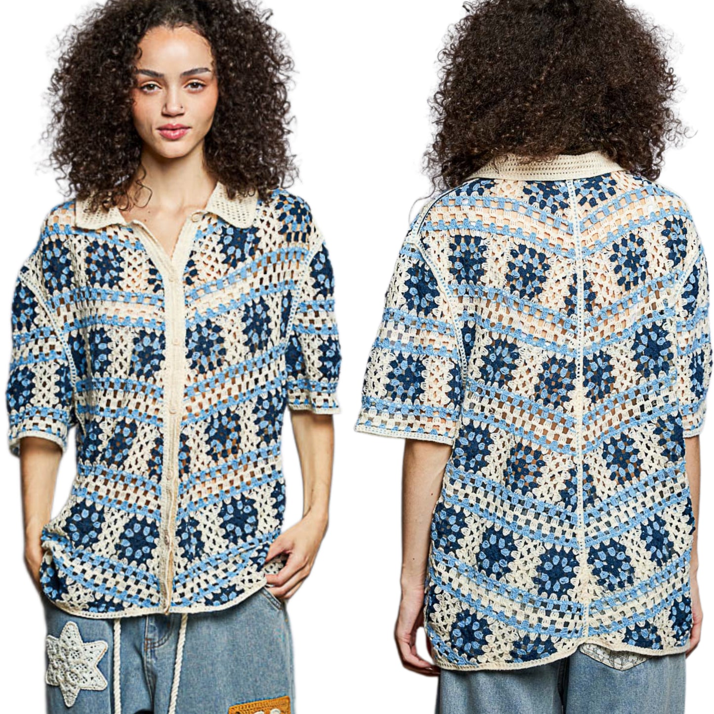 POL Granny Square Crochet Collared Shirt Button-up Retro Contrast Openwork Top Blue