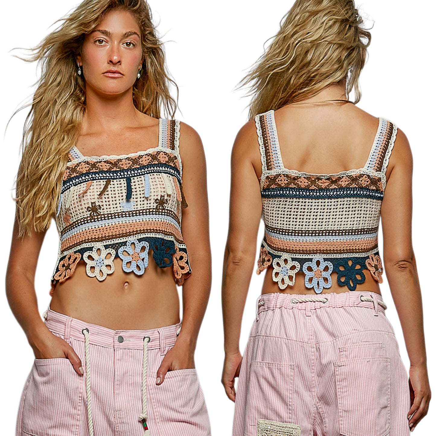 POL 70s Revival Retro Flower Crochet Tank Patchwork Crop Cami Sleeveless Top Salmon Pink