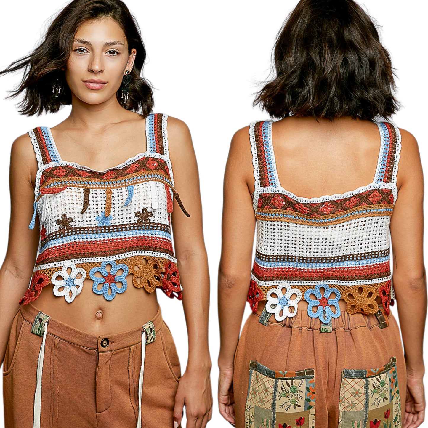 POL 70s Revival Retro Flower Crochet Tank Patchwork Crop Cami Sleeveless Top Orange