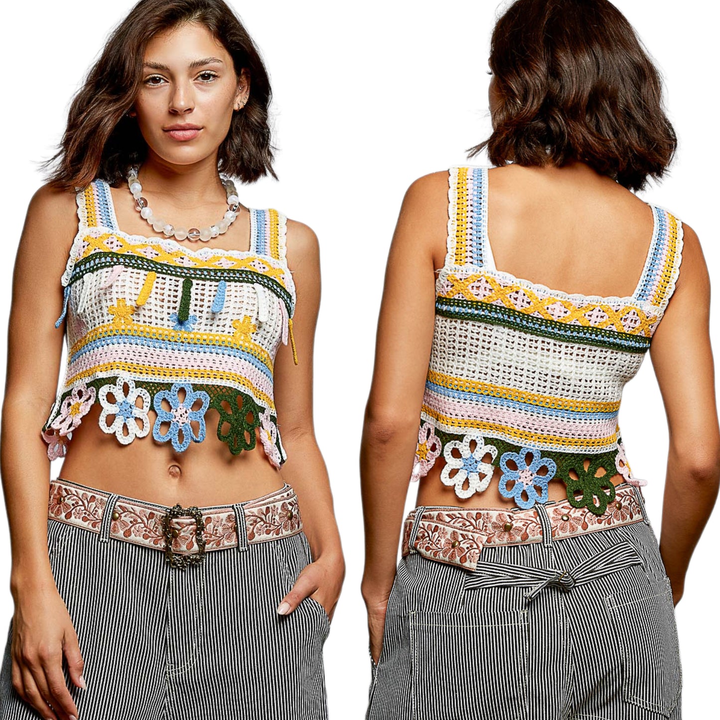 POL 70s Revival Retro Flower Crochet Tank Patchwork Crop Cami Sleeveless Top Yellow