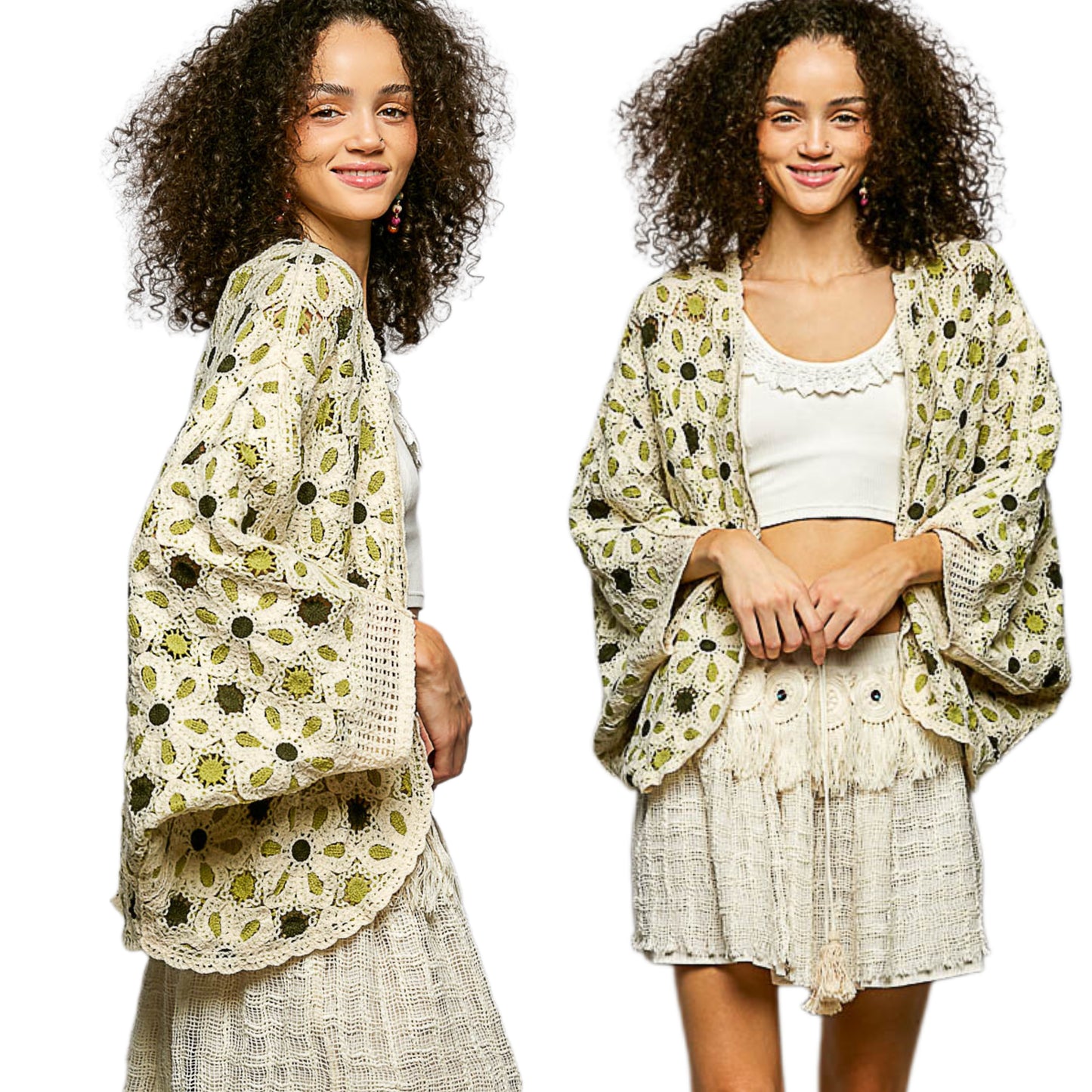 POL Floral Crochet Batwing Cardigan Baggy Open Front Boho Granny Openwork Knit Green