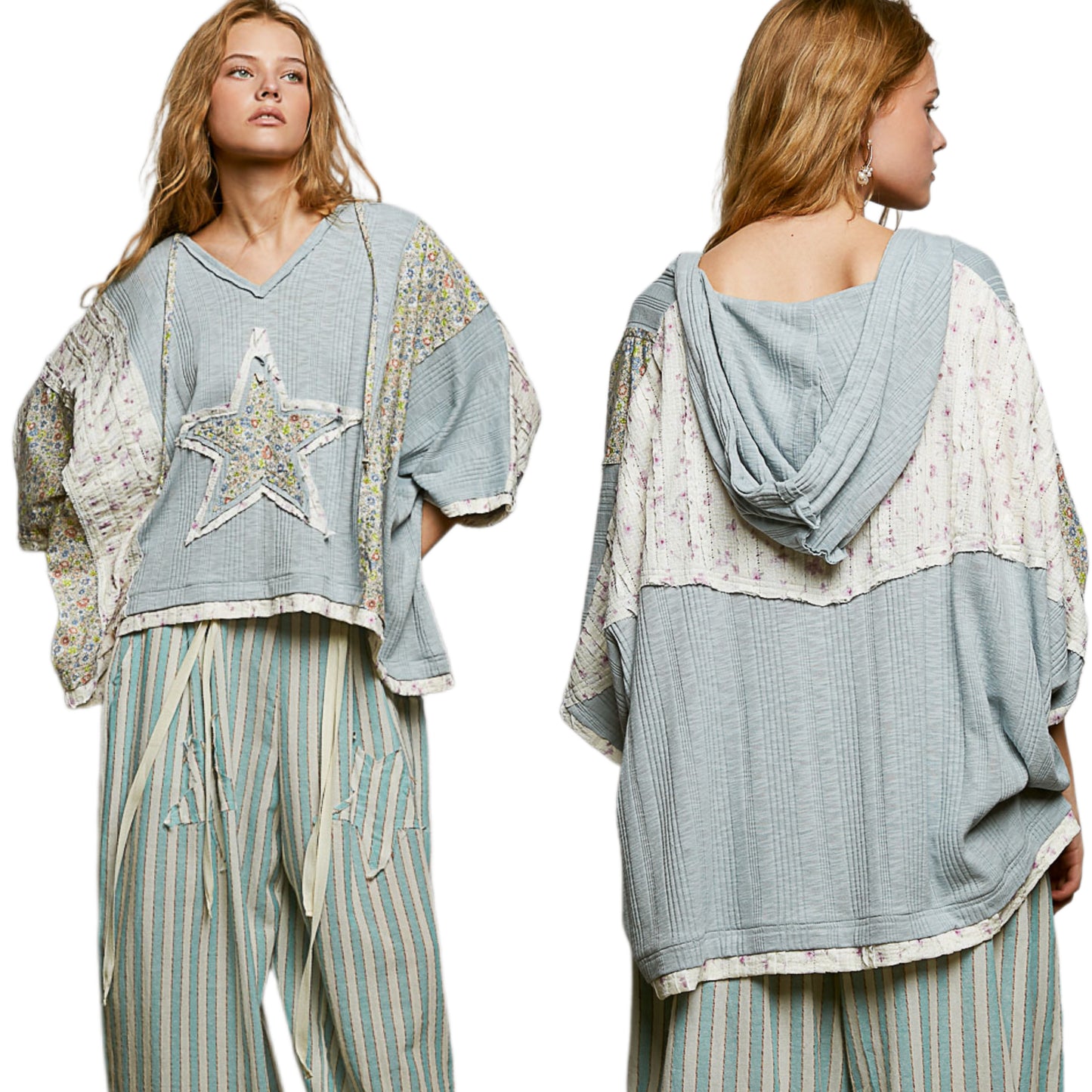 POL Star Oversized Floral Lace Patchwork Hoodie Blouse Raw Seam Retro Boxy Top Blue