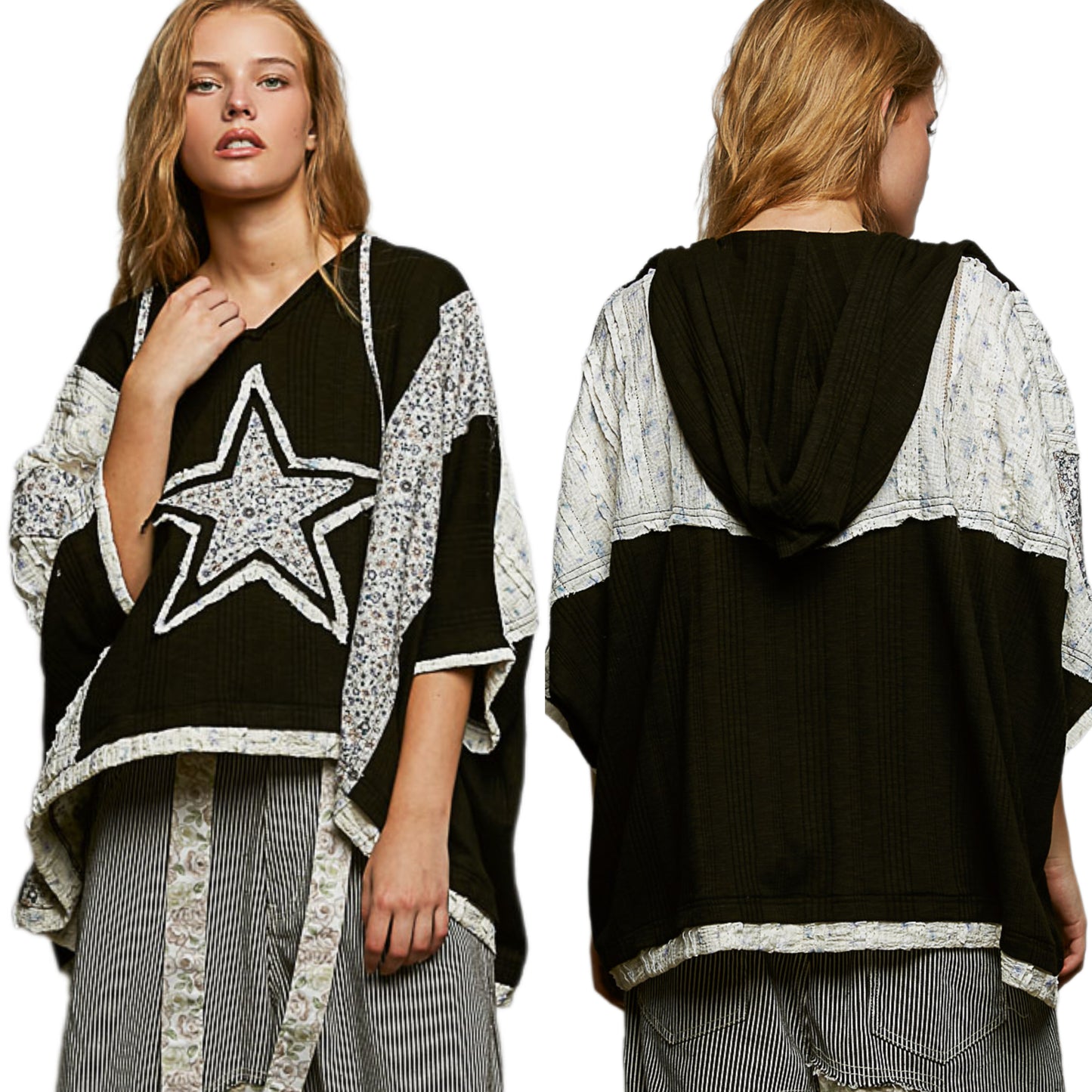 POL Star Oversized Floral Lace Patchwork Hoodie Blouse Raw Seam Retro Boxy Top