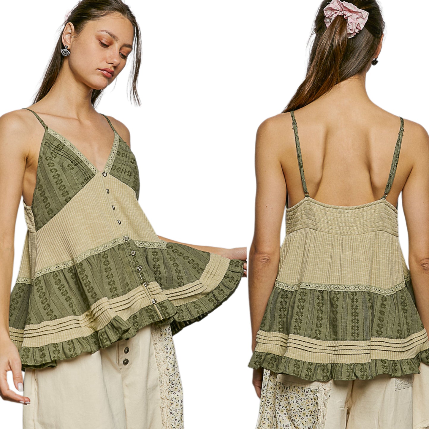 POL Ruffle Cami Top Pintuck Seams Boho Patchwork Sleeveless Metallic Button Shirt Sage Green