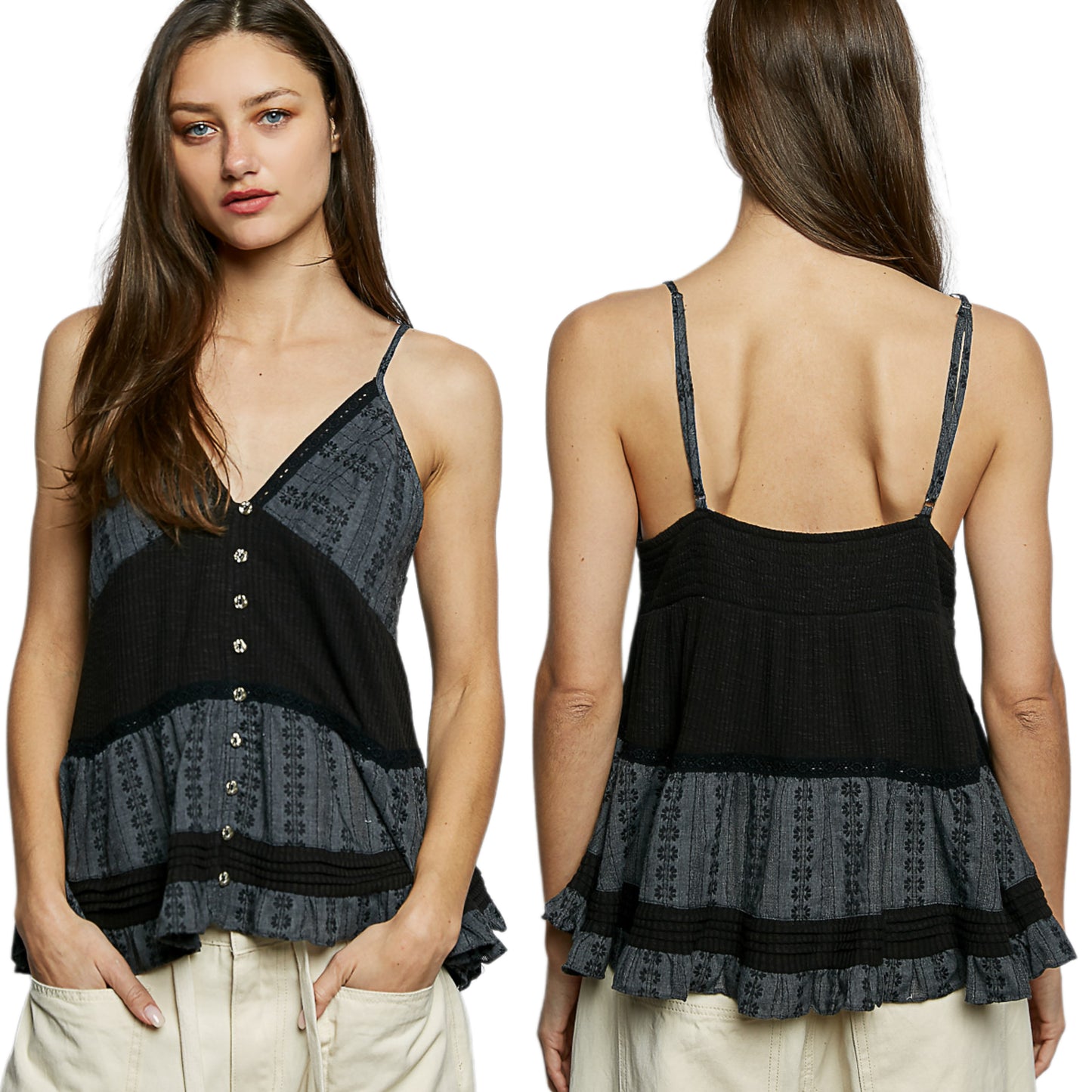 POL Ruffle Cami Top Pintuck Seams Boho Patchwork Sleeveless Metallic Button Shirt Black