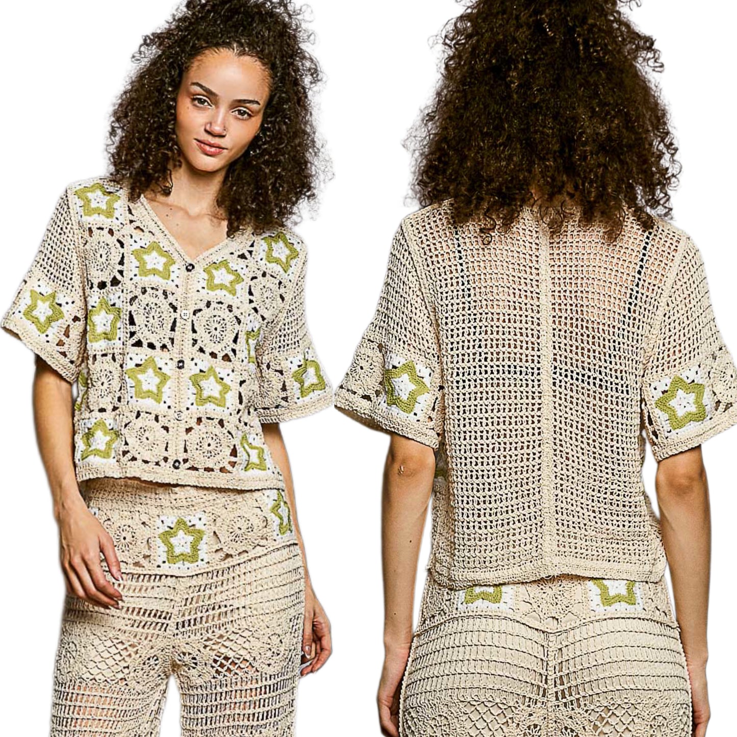 POL Granny Square Star Patchwork Crochet Top Button Up Shirt Retro Knit Cardigan Olive Green
