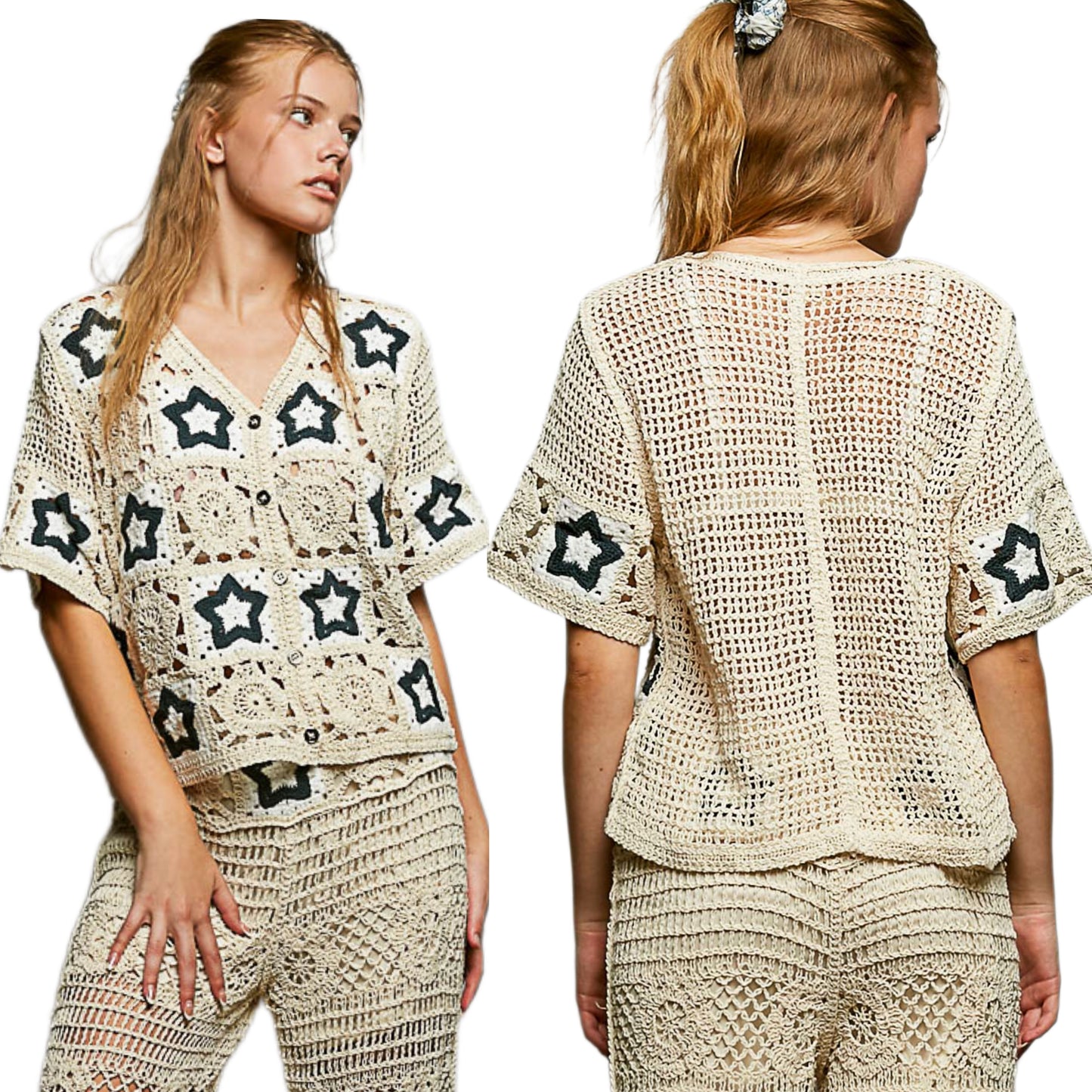 POL Granny Square Star Patchwork Crochet Top Button-Up Shirt Retro Knit Cardigan Indigo Blue