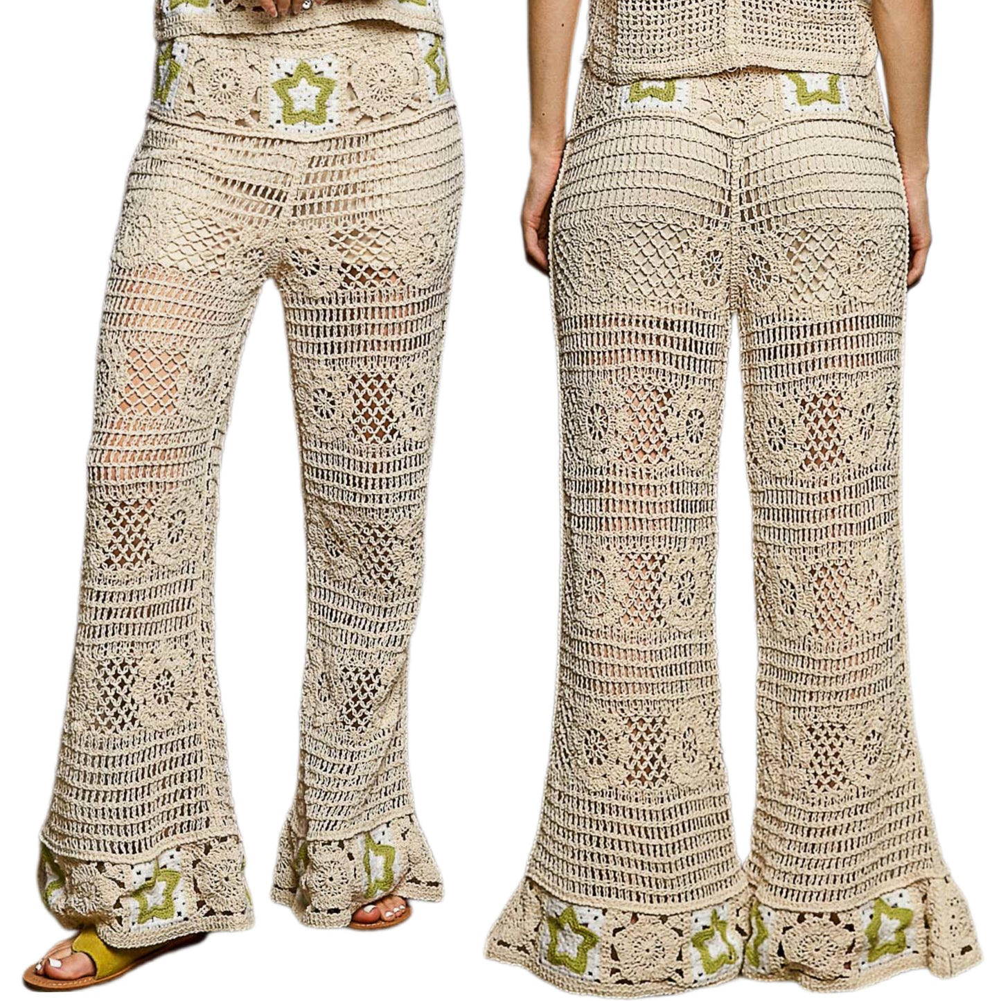 POL High-Rise Star Patchwork Openwork Granny Crochet Flare Leg Retro 70’s Pants Olive Green