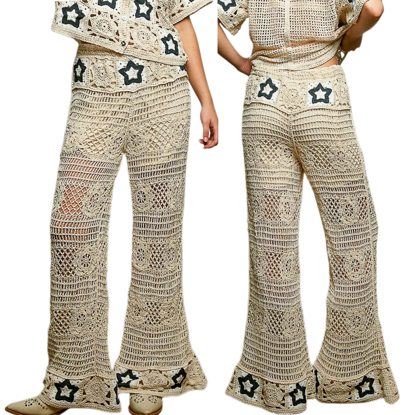 POL High-Rise Star Patchwork Openwork Granny Crochet Flare Leg Retro 70’s Pants Indigo Blue