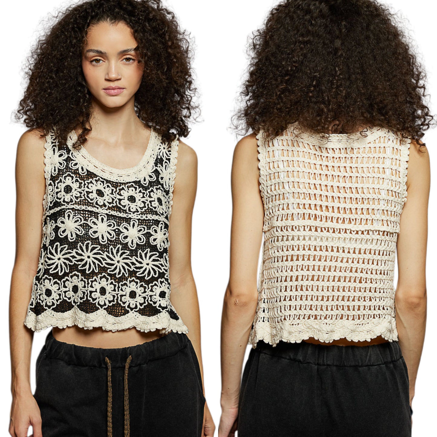 POL Crochet Openwork Floral Tank Top Round Neck Cropped Sleeveless Boho Shirt Cream Black
