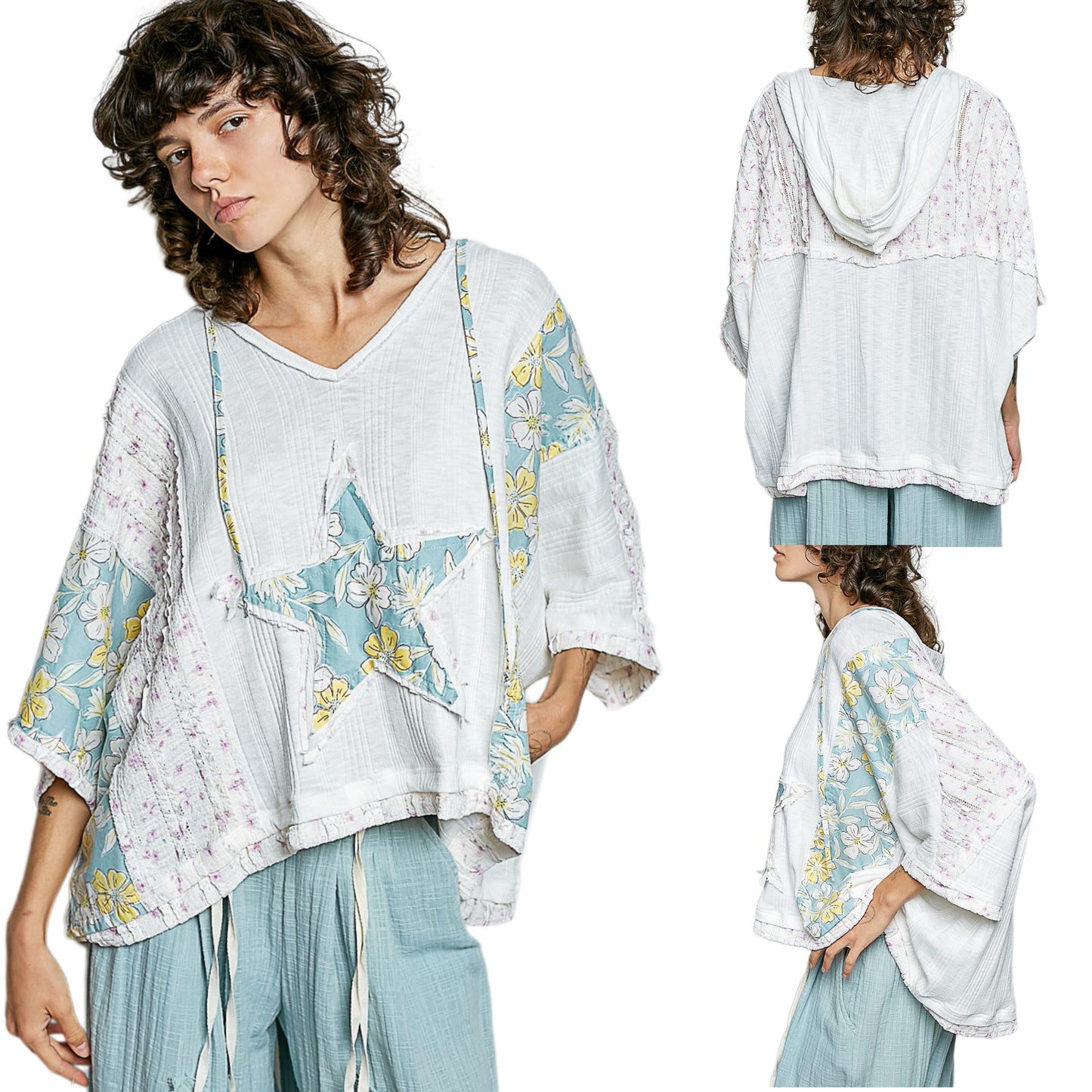 POL Star Oversized Floral Lace Patchwork Hoodie Blouse Raw Seam Retro Boxy Top Off-white Pullover Shirt