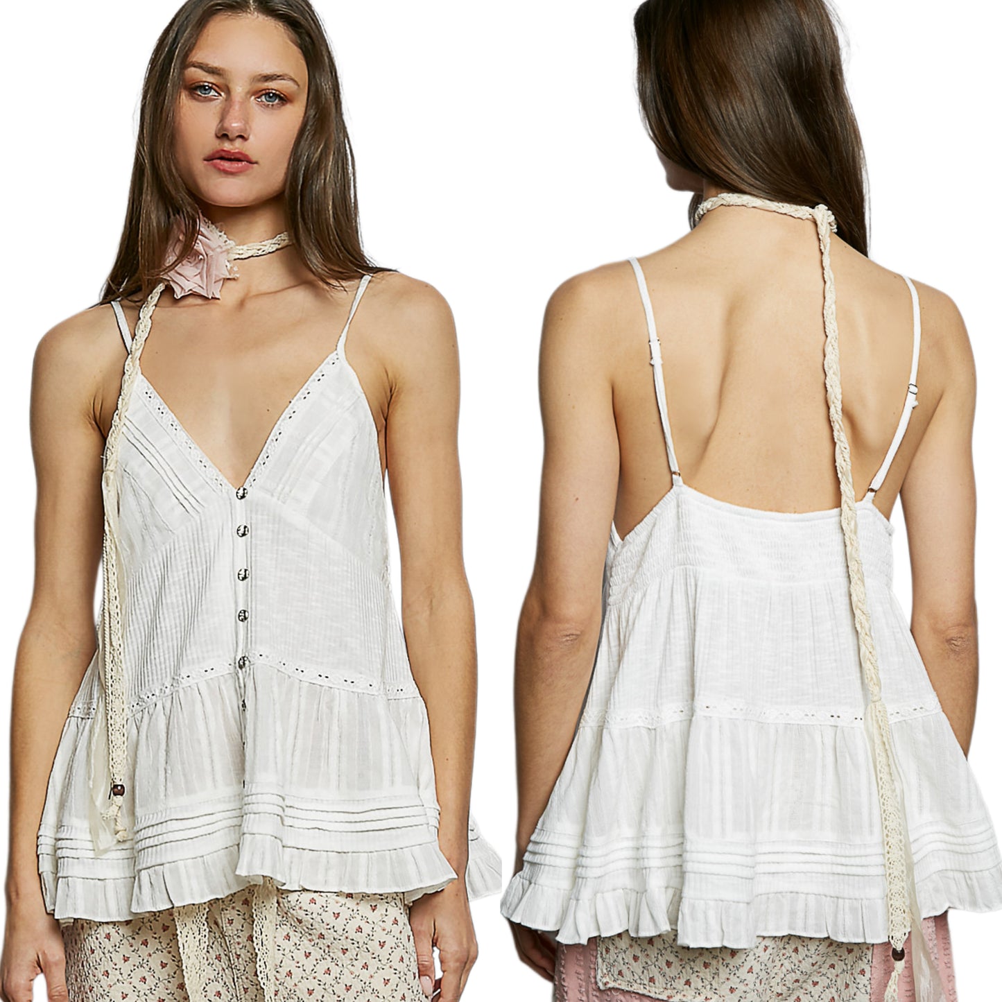POL Ruffle Cami Top Pintuck Seams Boho Patchwork Sleeveless Metallic Button Shirt Off-white