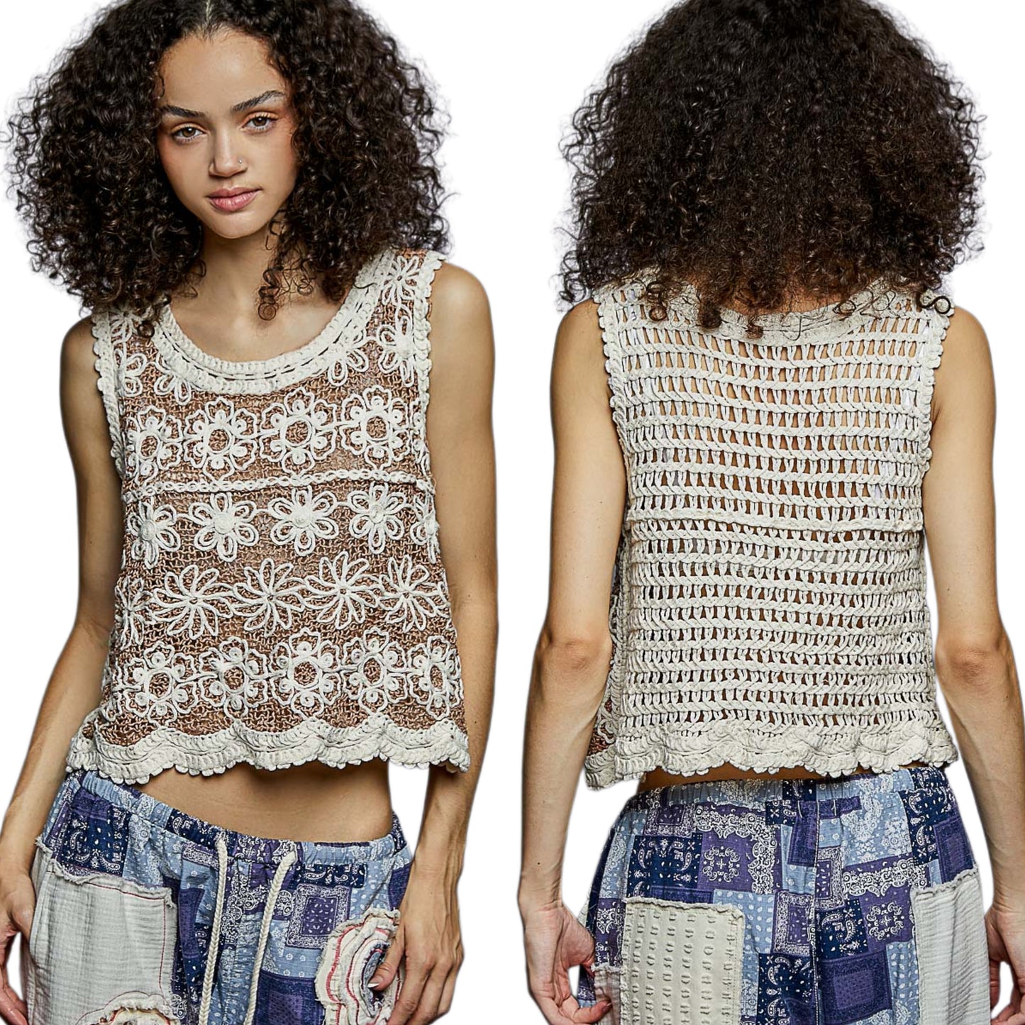 POL Crochet Openwork Floral Tank Top Round Neck Cropped Sleeveless Boho Shirt Camel Brown