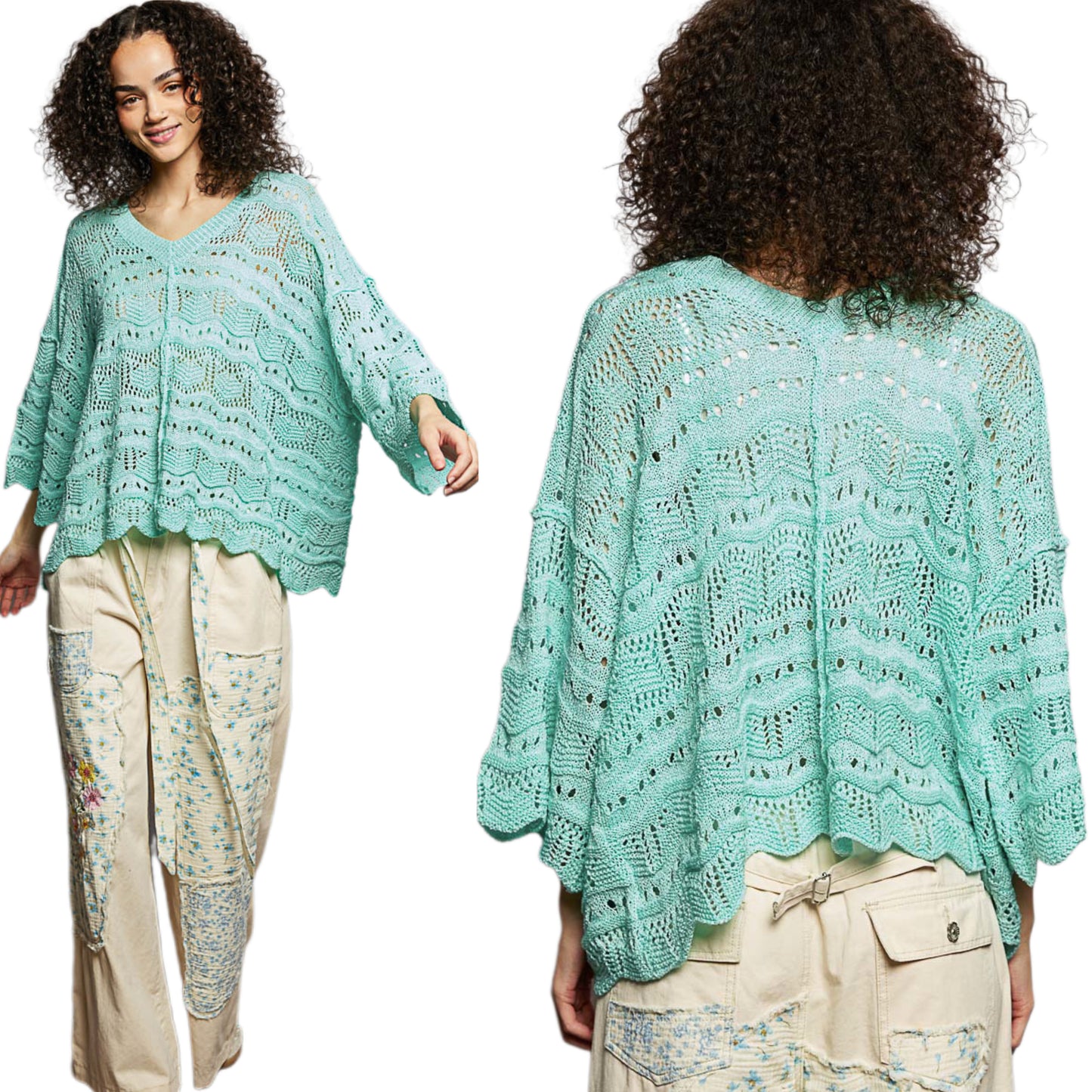 POL Granny Knit Openwork V-Neck Boho Top Scalloped Hem Oversized Boxy Shirt Aqua Teal