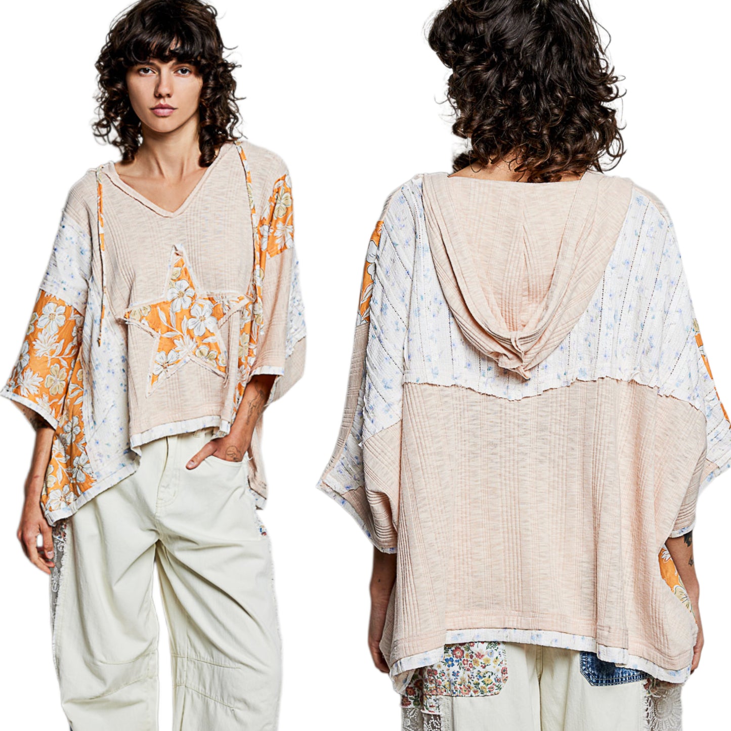 POL Star Oversized Floral Lace Patchwork Hoodie Blouse Raw Seam Retro Boxy Top Wheat Beige