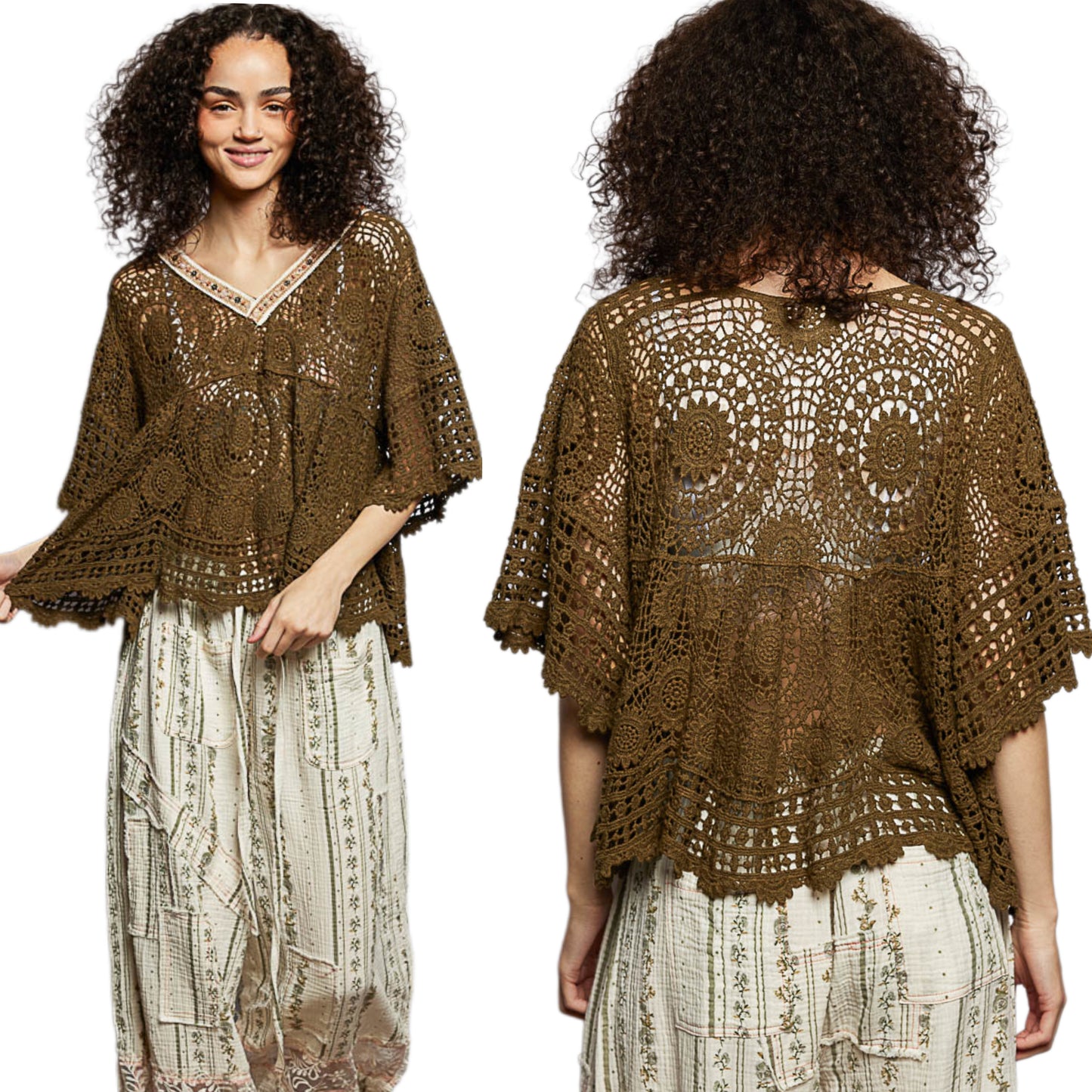 POL Beaded Contrasting V-Neck Top Openwork Granny Crochet Scalloped Hem Blouse Olive Green