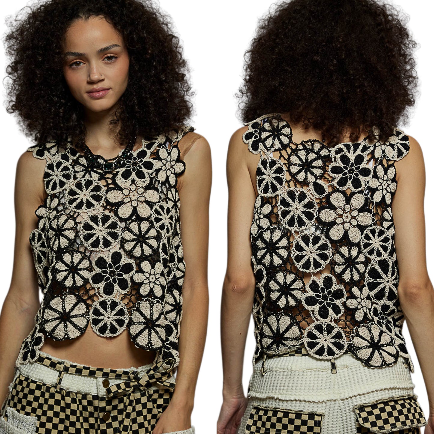 POL Contrasting Floral Crochet Patchwork Sleeveless Crop Top Retro Knit Openwork Black