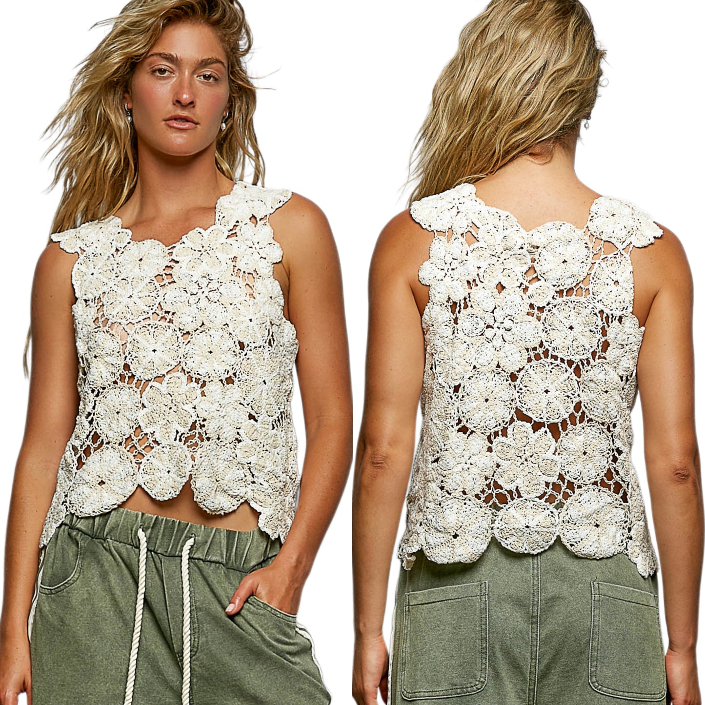 POL Contrasting Floral Crochet Patchwork Sleeveless Crop Top Retro Knit Openwork Off-white