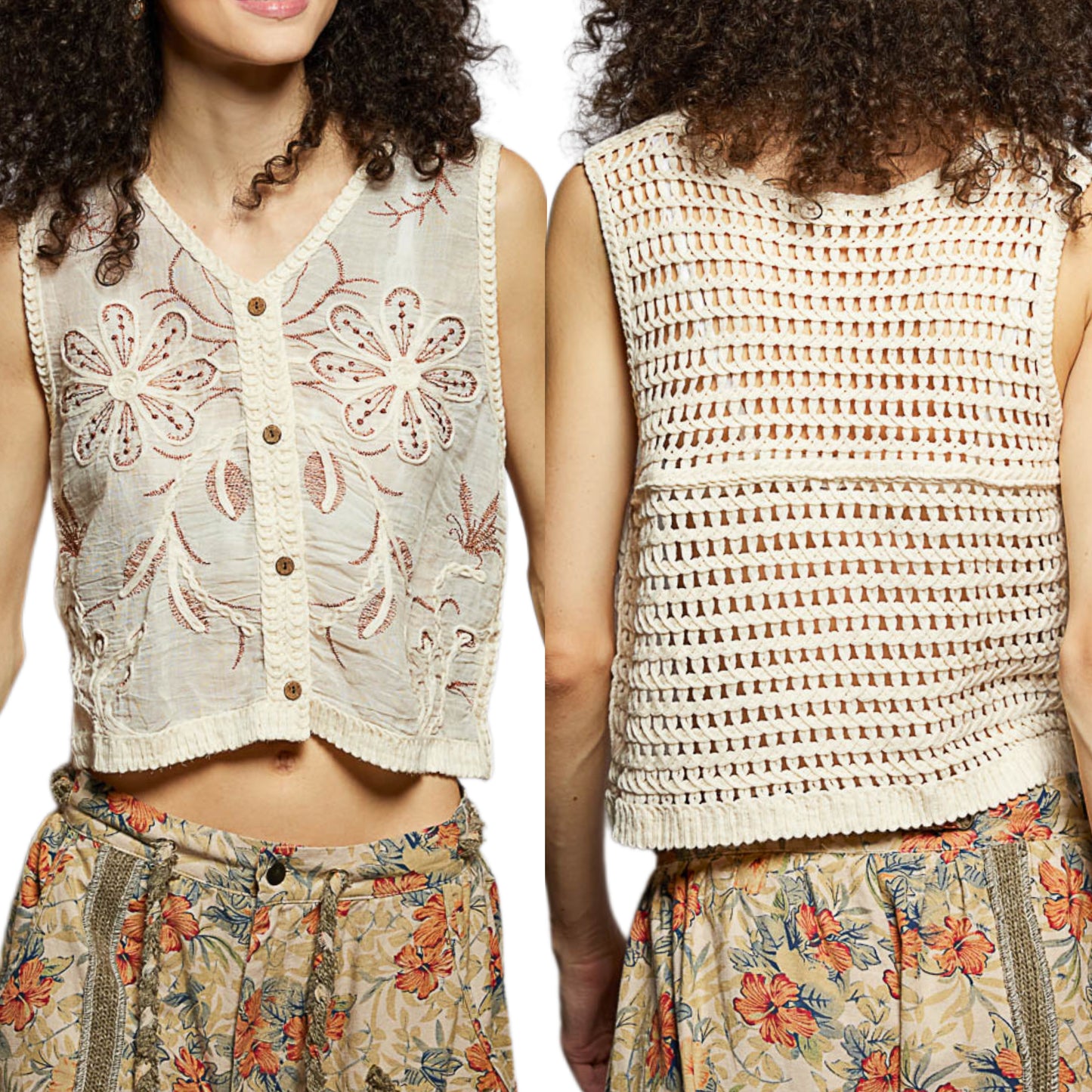 POL Embroidered Floral Granny Crochet Crop Top Wooden Button-Up V-neck Vest Brick Cream
