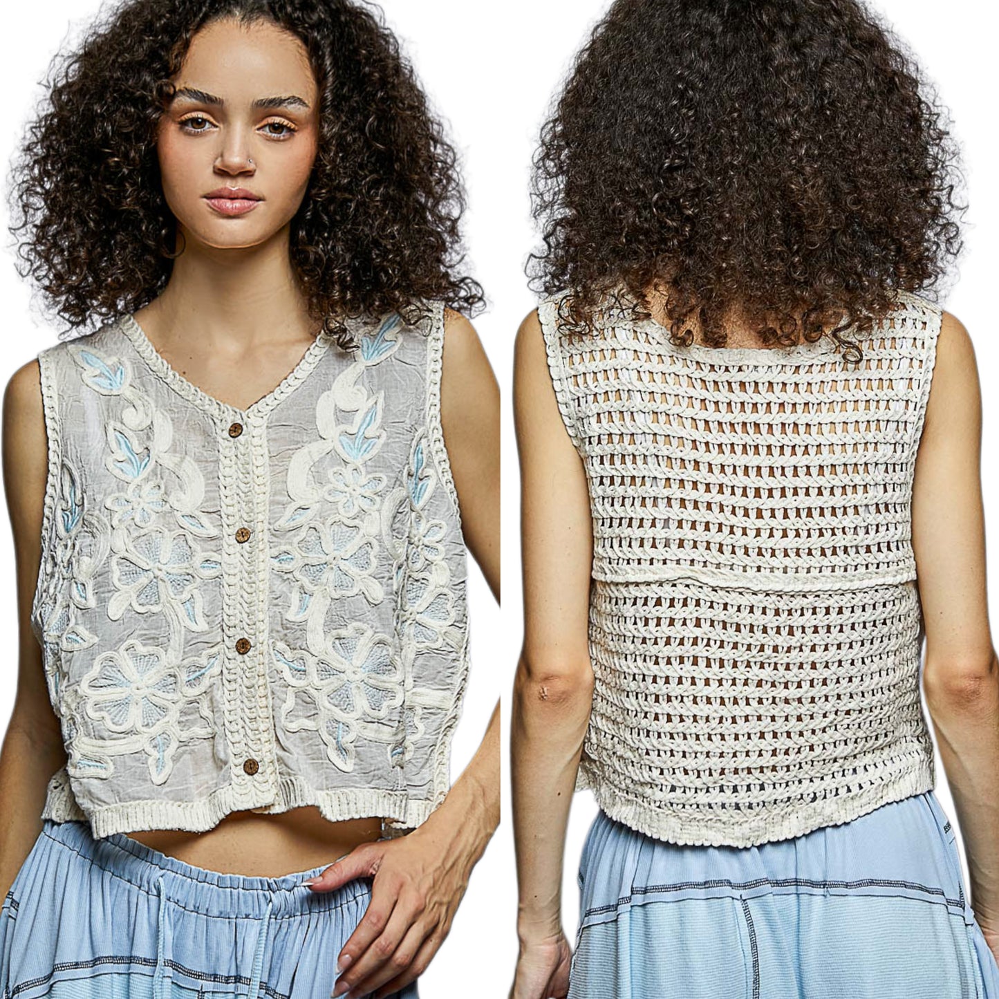 POL Embroidered Floral Granny Crochet Crop Top Wooden Button-Up V-neck Vest Cream Blue