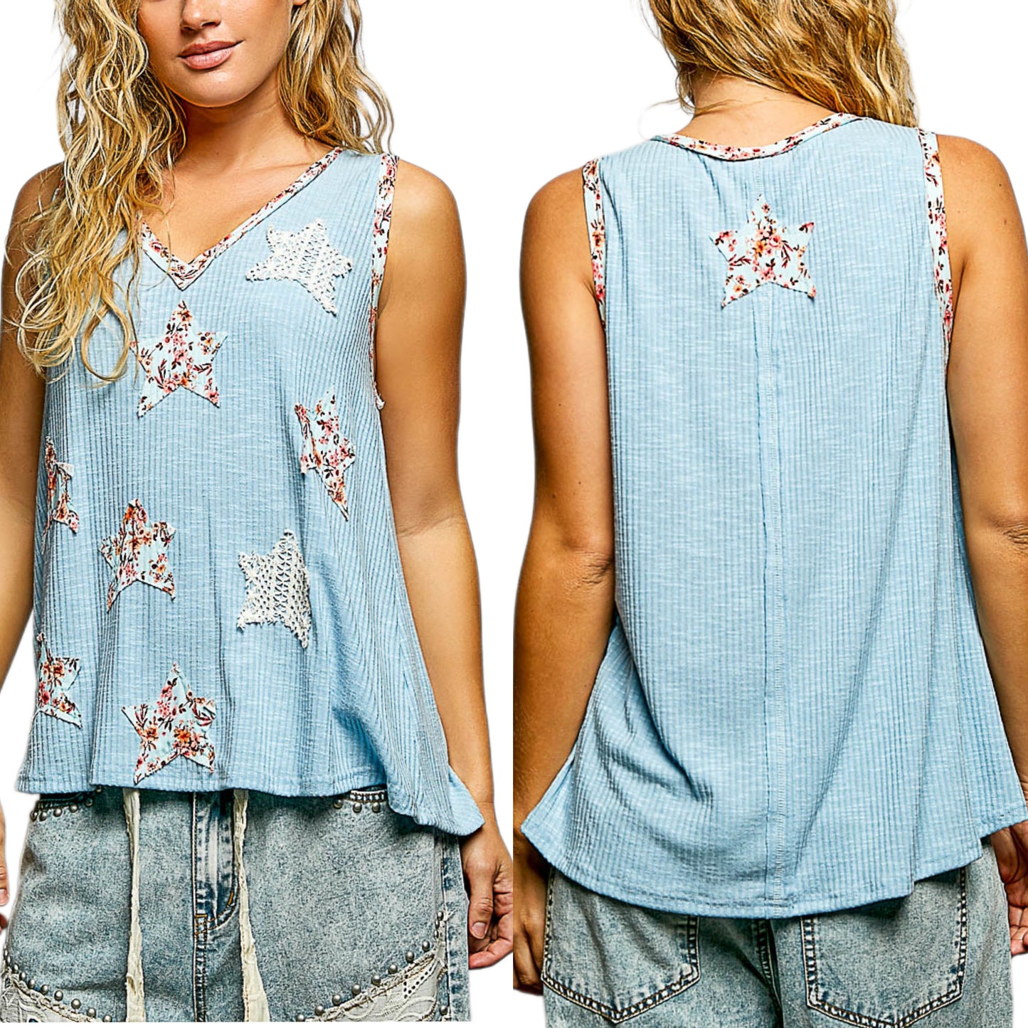 POL Boho Floral Star Patchwork Retro Ribbed Tank Top V-Neck Sleeveless Shirt Blue