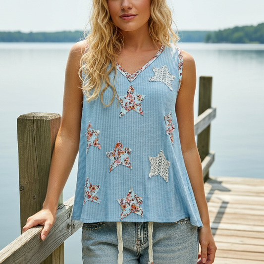 POL Boho Floral Star Patchwork Retro Ribbed Tank Top V-Neck Sleeveless Shirt Blue